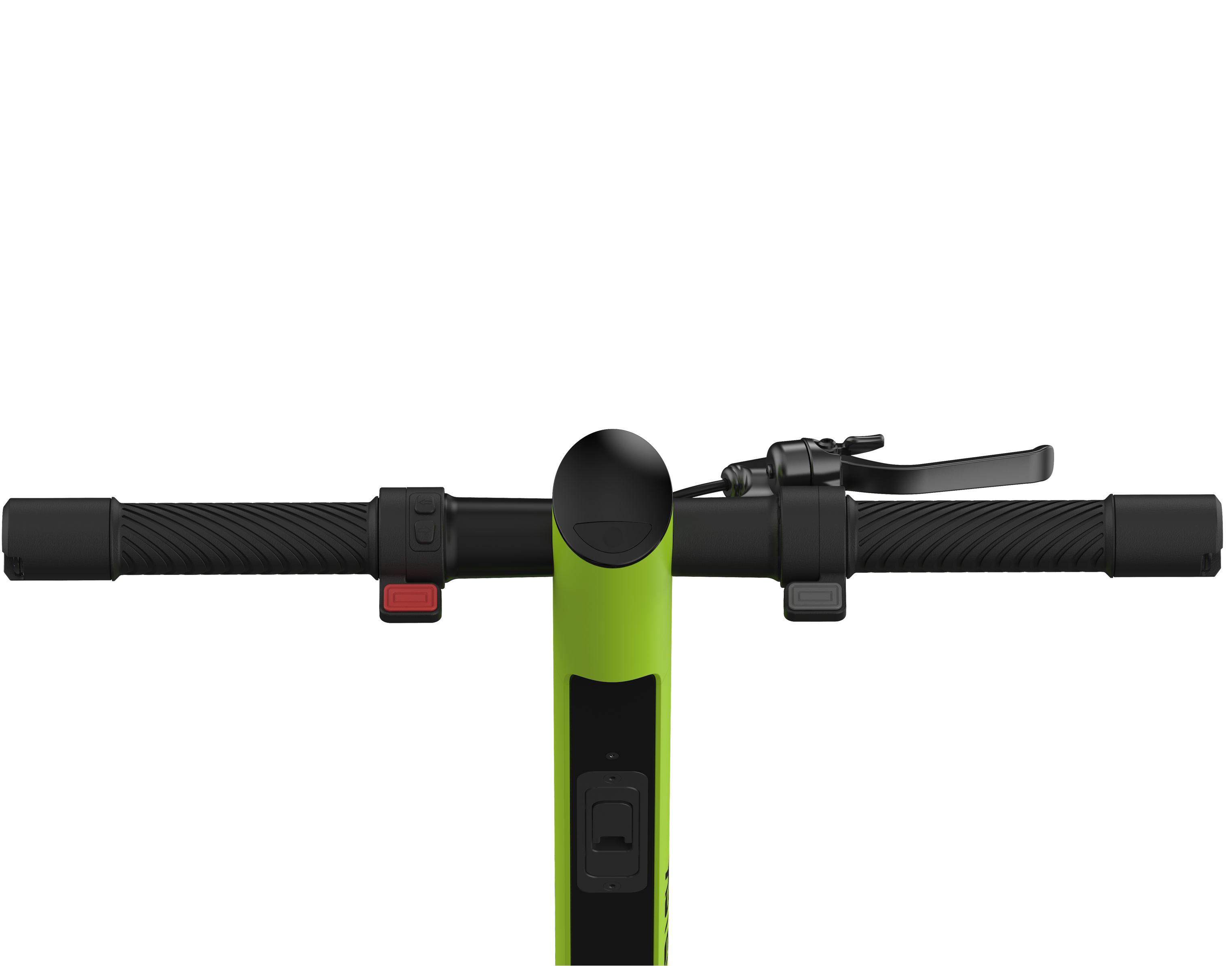 Nahaufnahme des Rollerlenkers. Schwarze Griffe, grüner Mittelteil und Bedienelemente auf beiden Seiten.