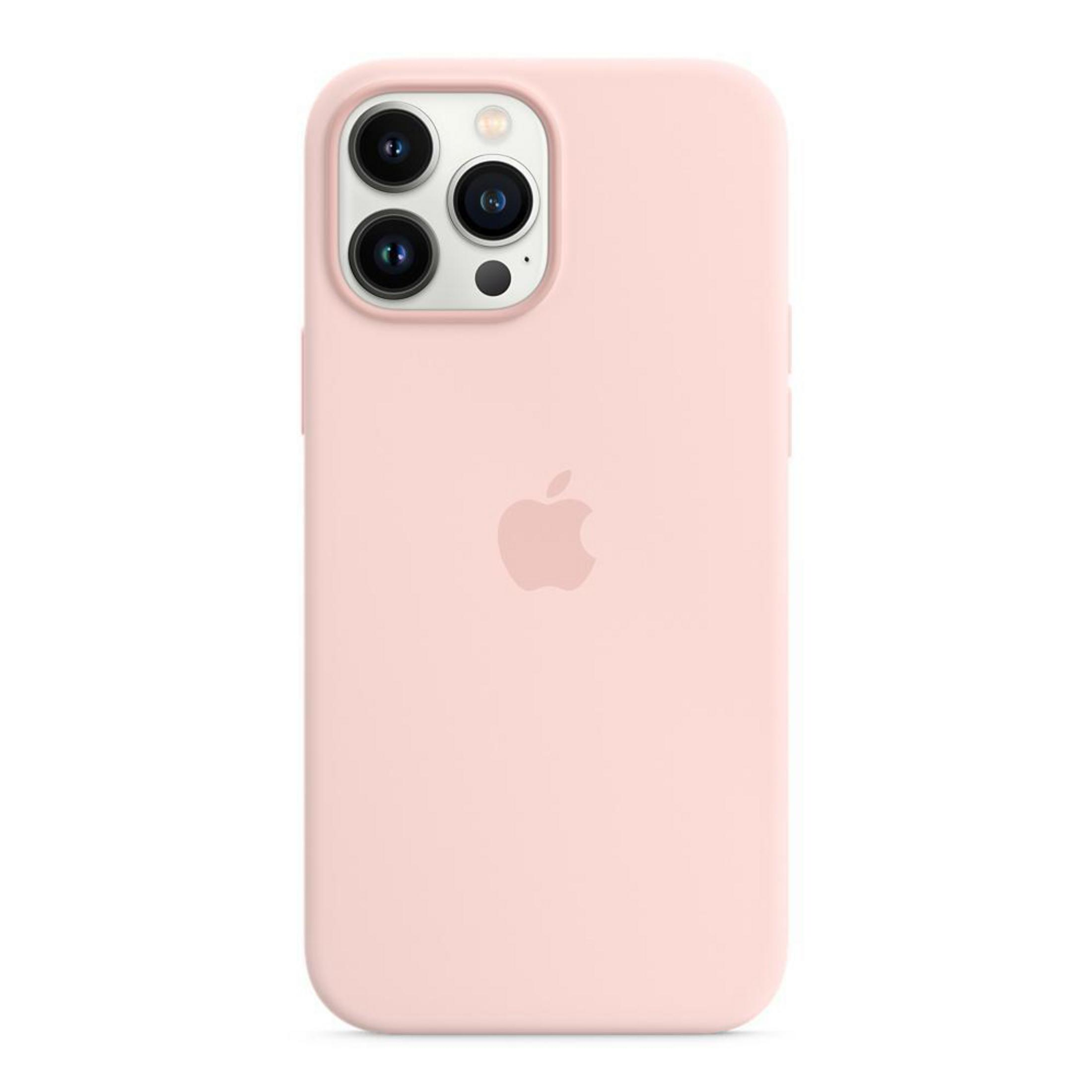 Roze telefoonhoesje met het Apple-logo en drie cameralenzen.
