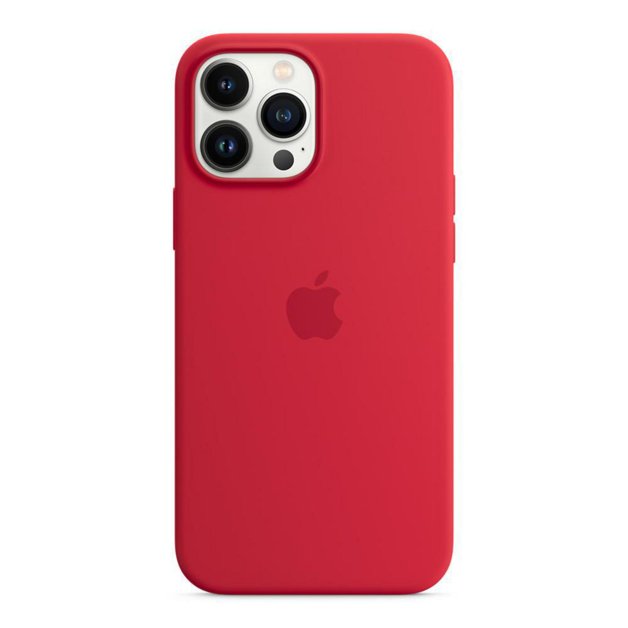 Rode iPhone-hoes met drie camera's en het Apple-logo in het midden.