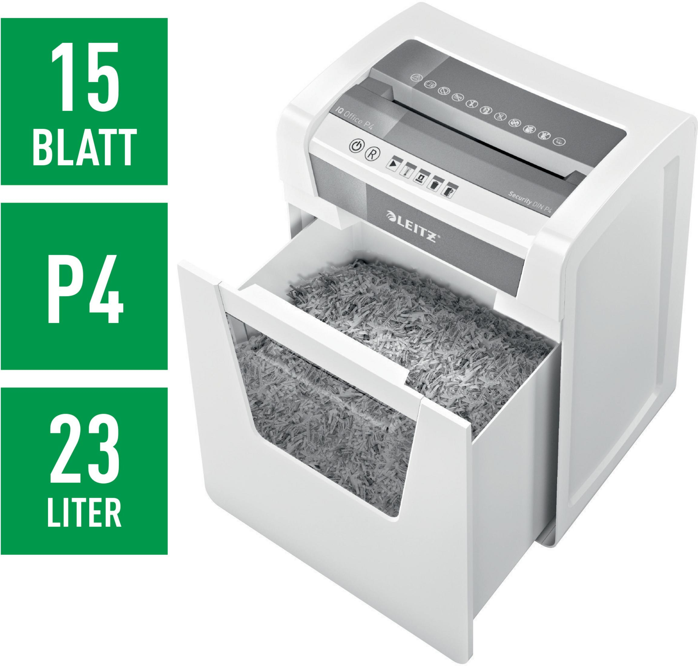 Aktenvernichter mit geöffneter Schublade, zerkleinertes Papier sichtbar. Text: 15 BLATT, P4, 23 LITER.