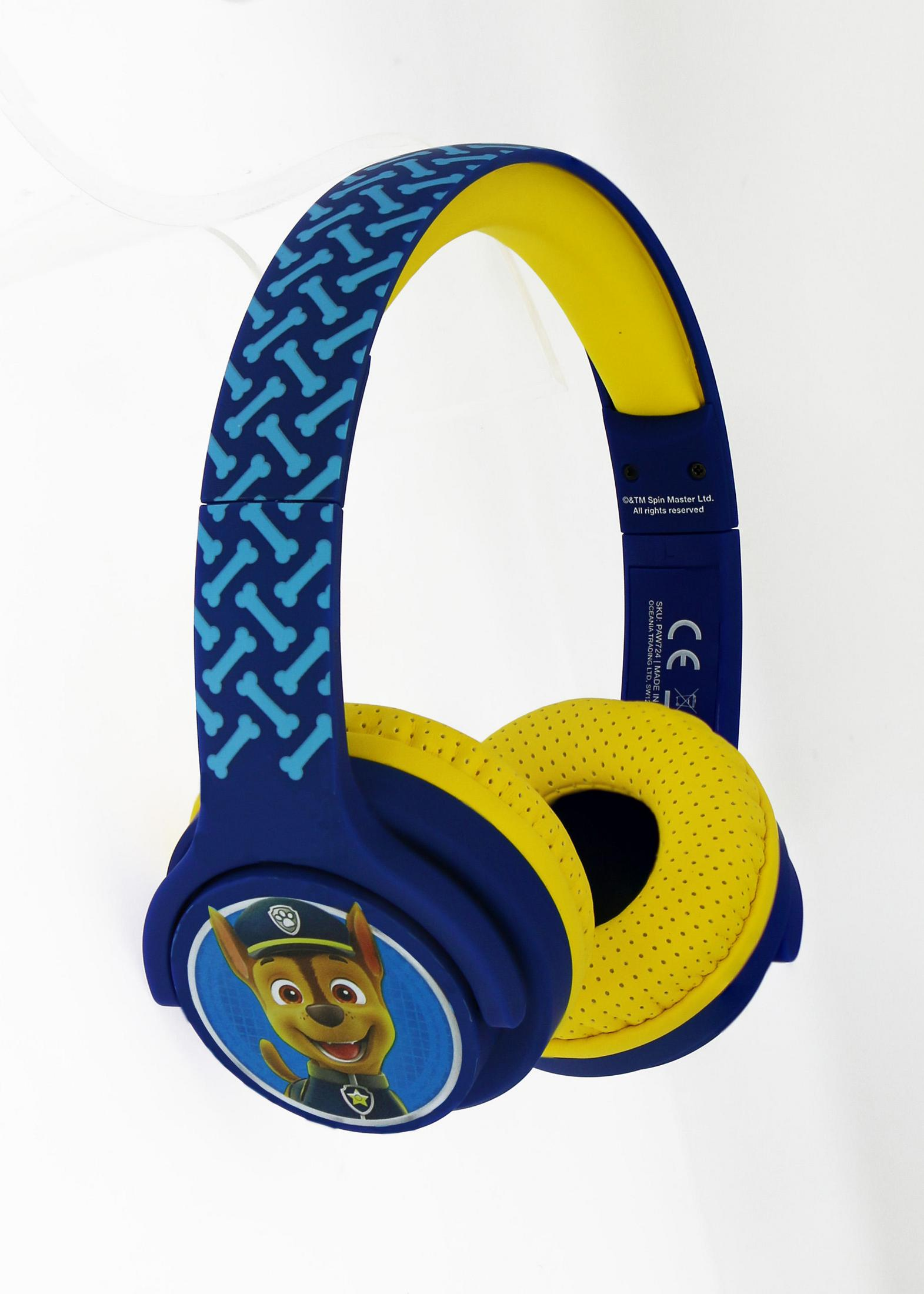Blaue und gelbe Paw Patrol Kinderkopfhörer mit Chase-Charakterbild.