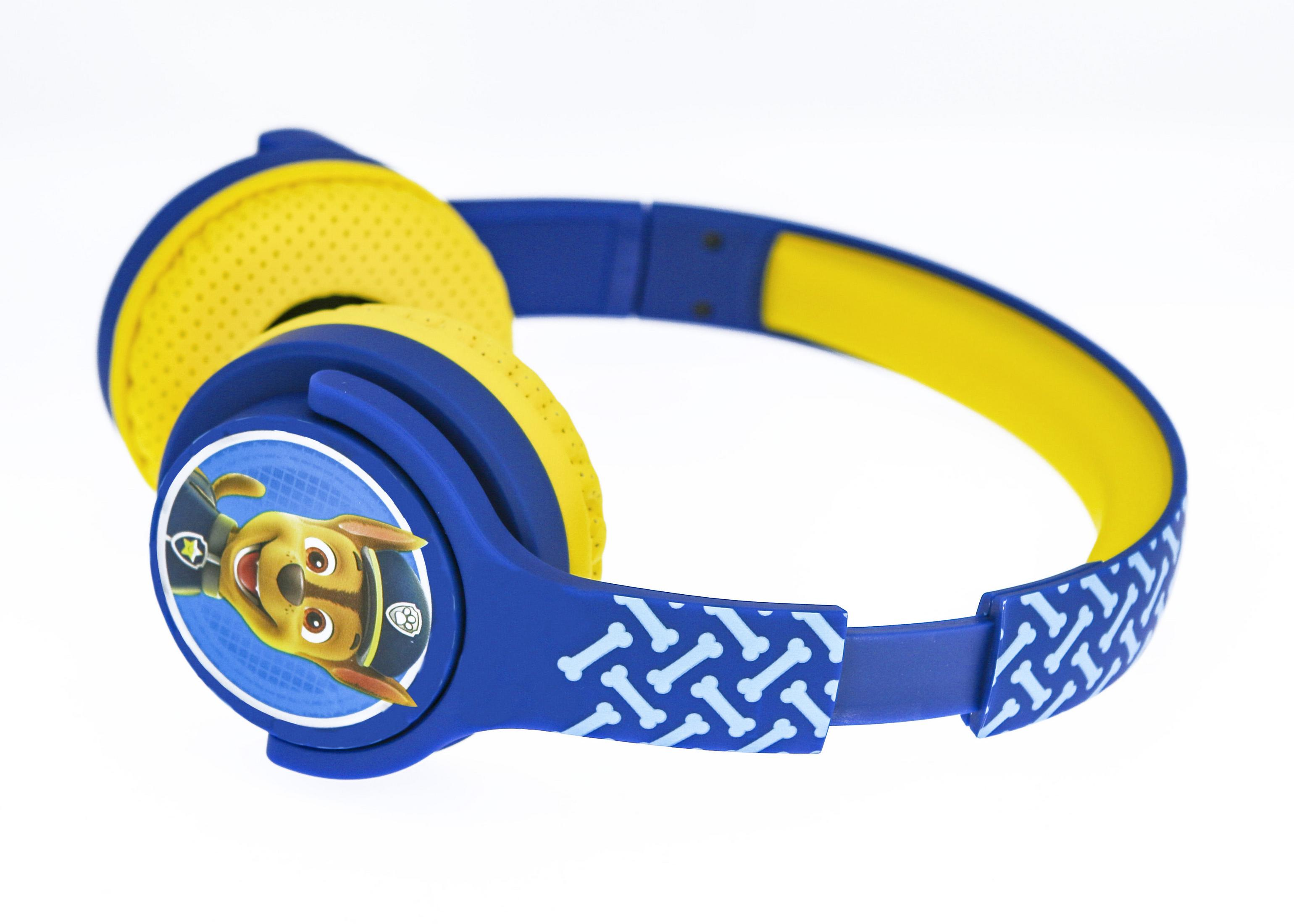 Blau-gelbe Paw Patrol Kopfhörer. Mit Chase von Paw Patrol auf der Ohrmuschel.