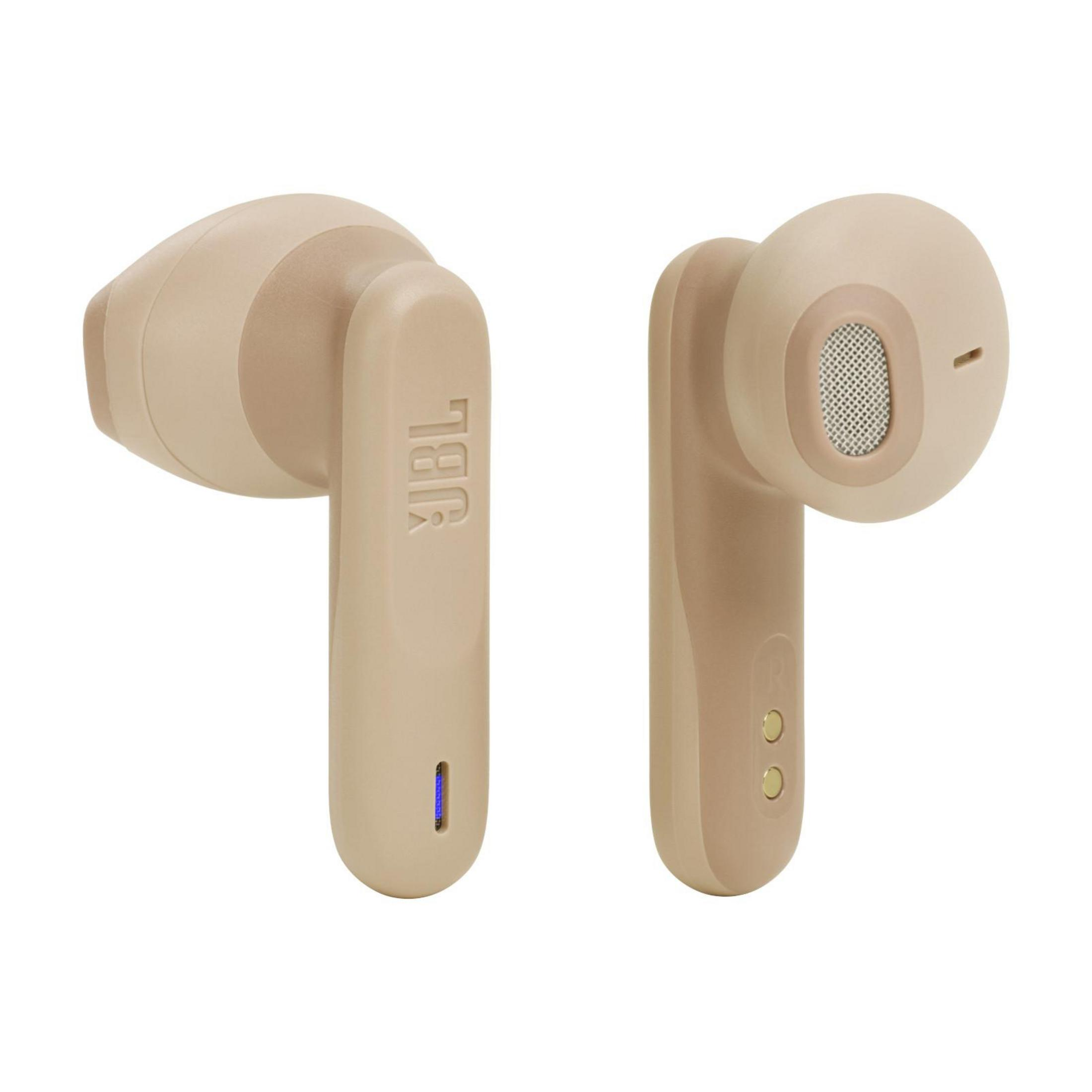 Twee beige JBL oordopjes. Ze hebben een lange steel en een afgeronde oordop.