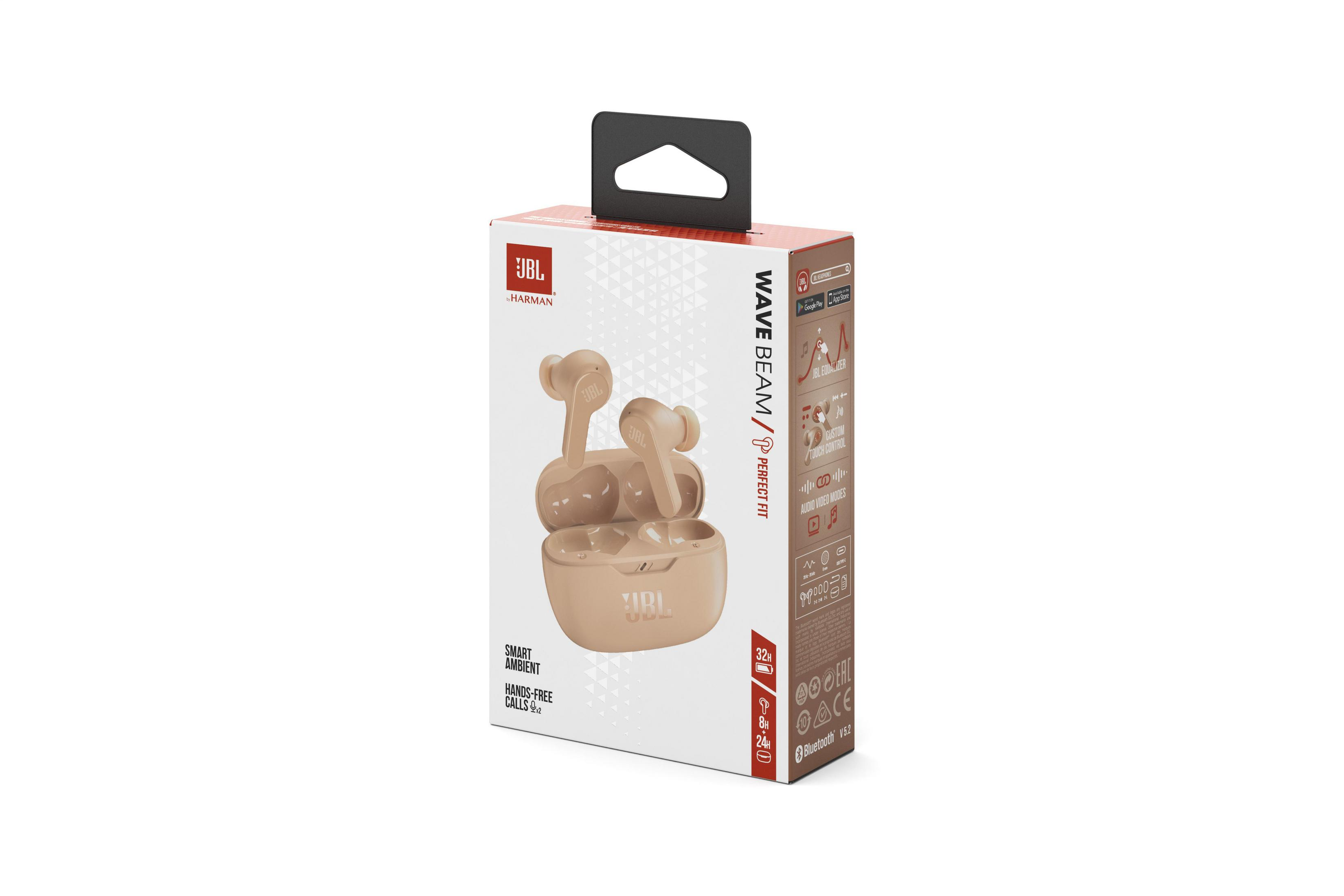 Pudełko słuchawek JBL Wave Beam. Widoczne beżowe słuchawki. Białe tło. Idealne dopasowanie.