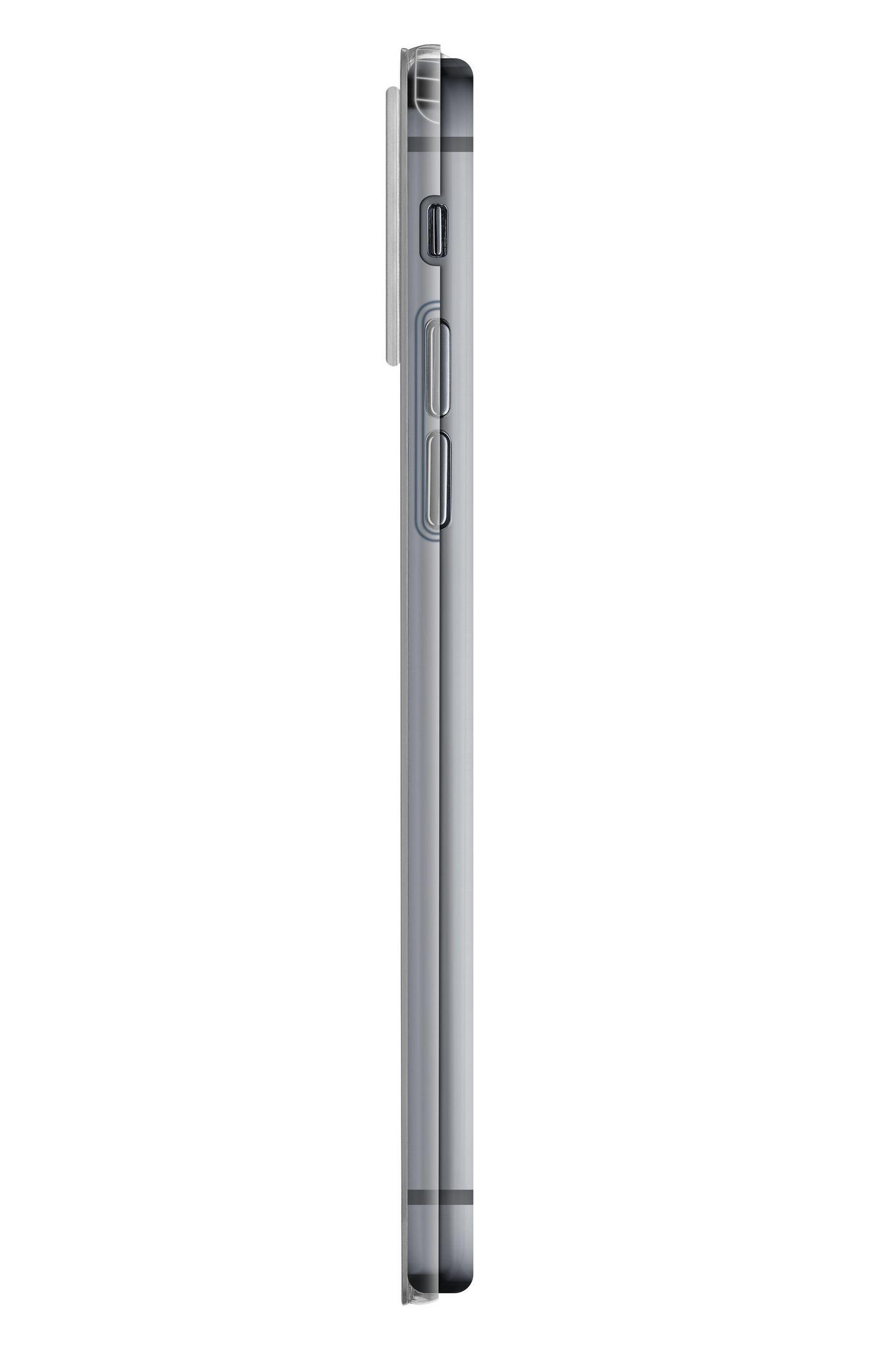 Seitenansicht eines silbernen Smartphones. Tasten und Kamera sind sichtbar.