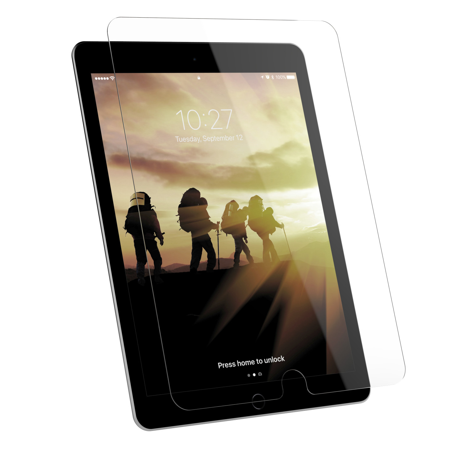 Tablet met schermbeschermer. Het scherm toont een zonsondergang met wandelaars. Beschermglas is helder.