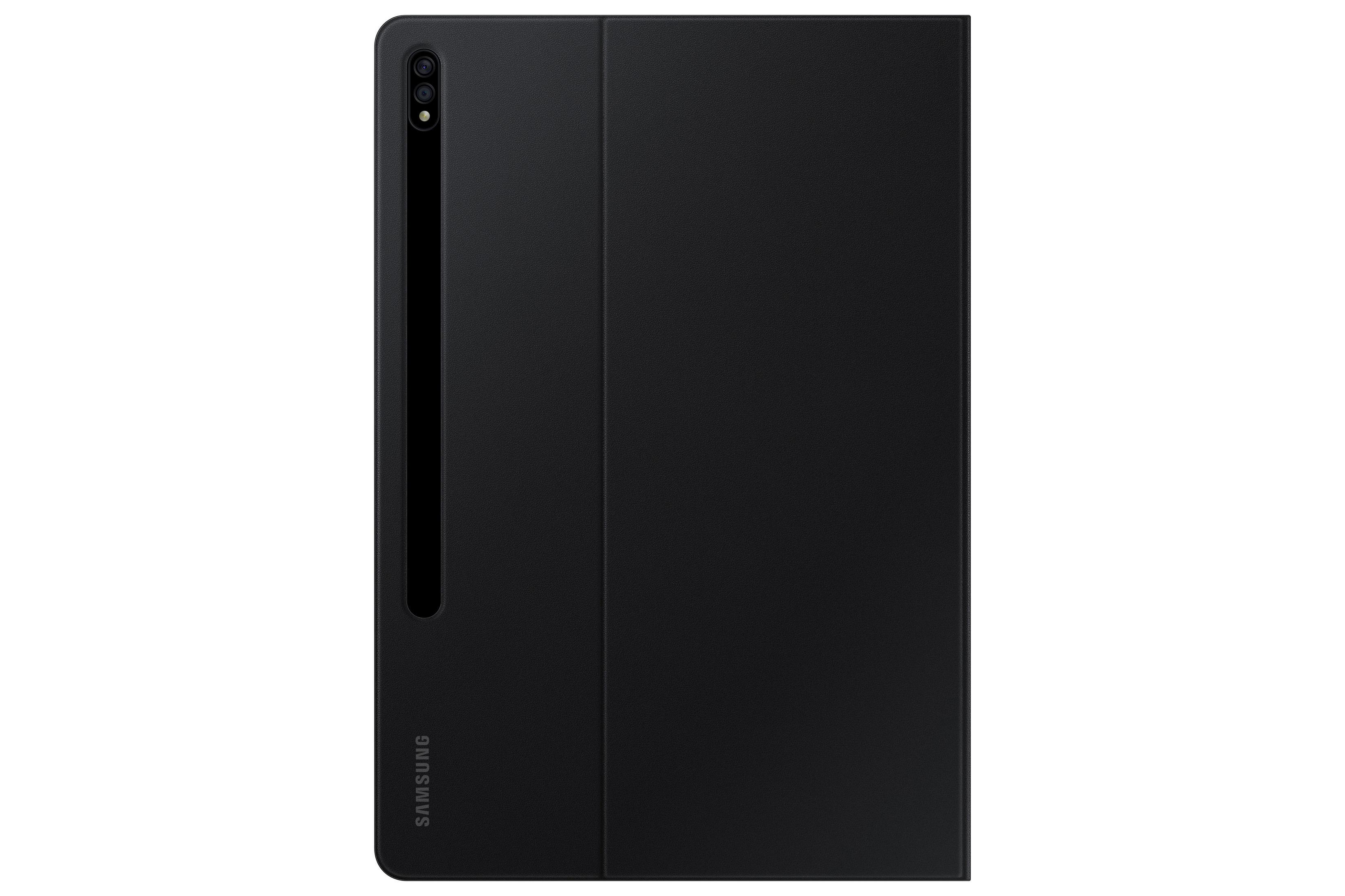 Funda negra para tableta, con cámara, fondo blanco.