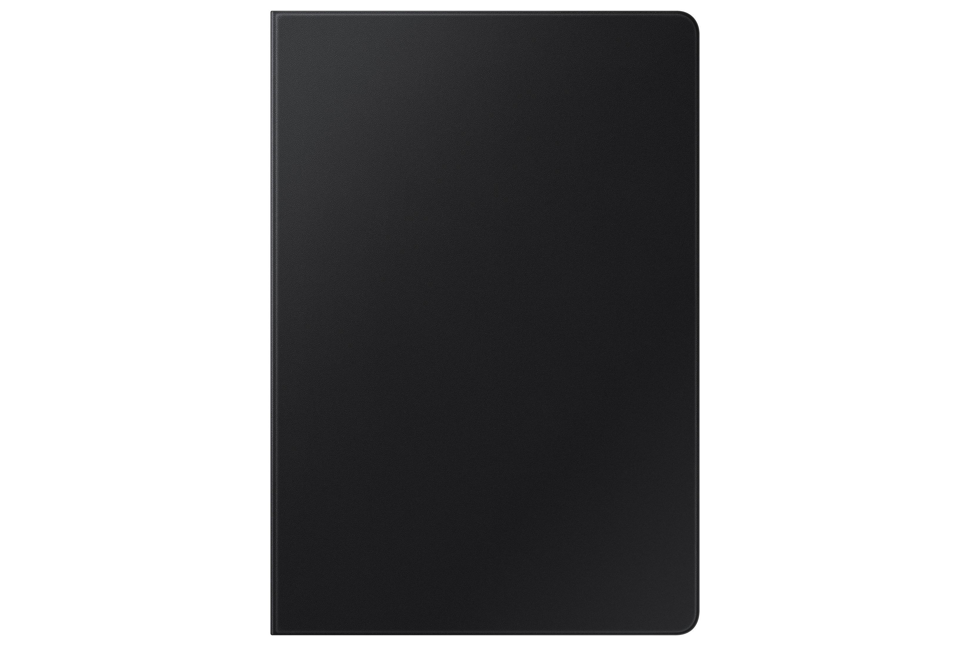 Una funda negra para tableta, cerrada y rectangular, sobre un fondo blanco.