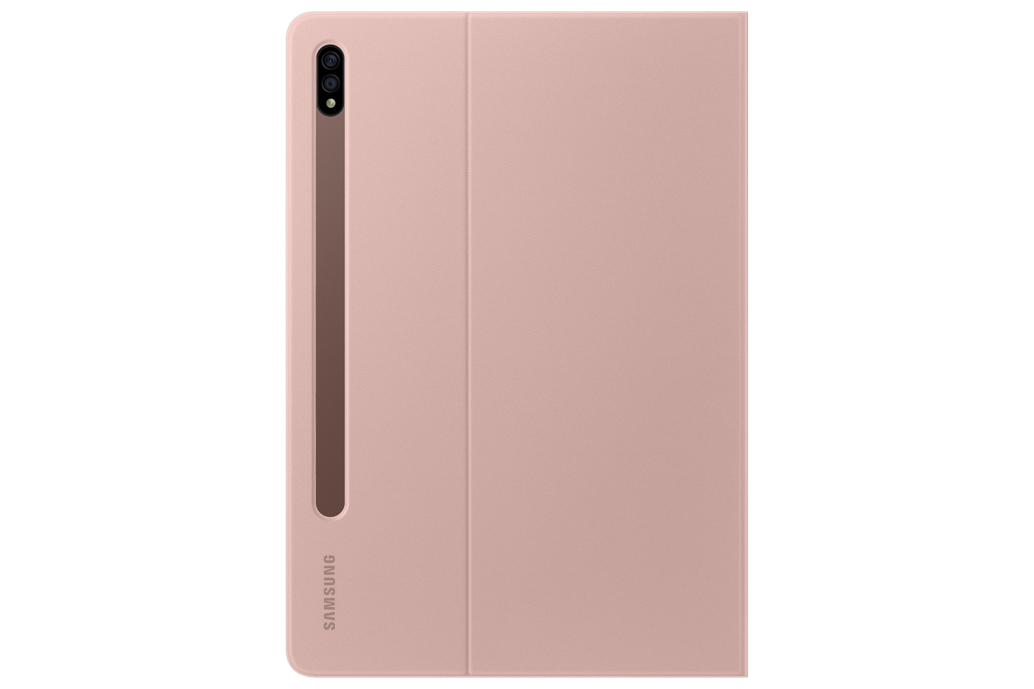 Custodia rosa per tablet con alloggiamento per penna, logo Samsung e fotocamera.