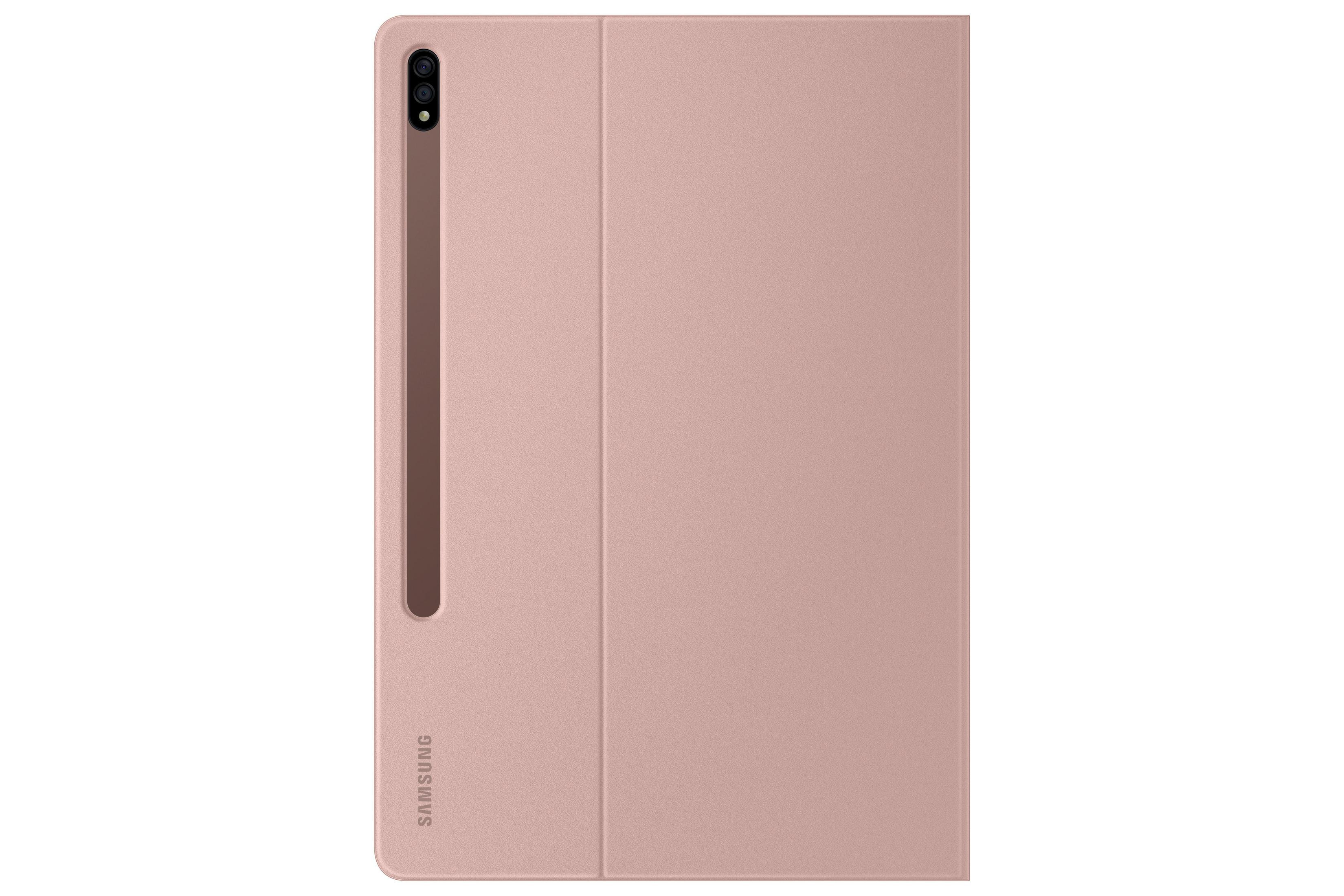 Una cover per tablet color rosa con logo Samsung e alloggiamento per penna. Chiusa.