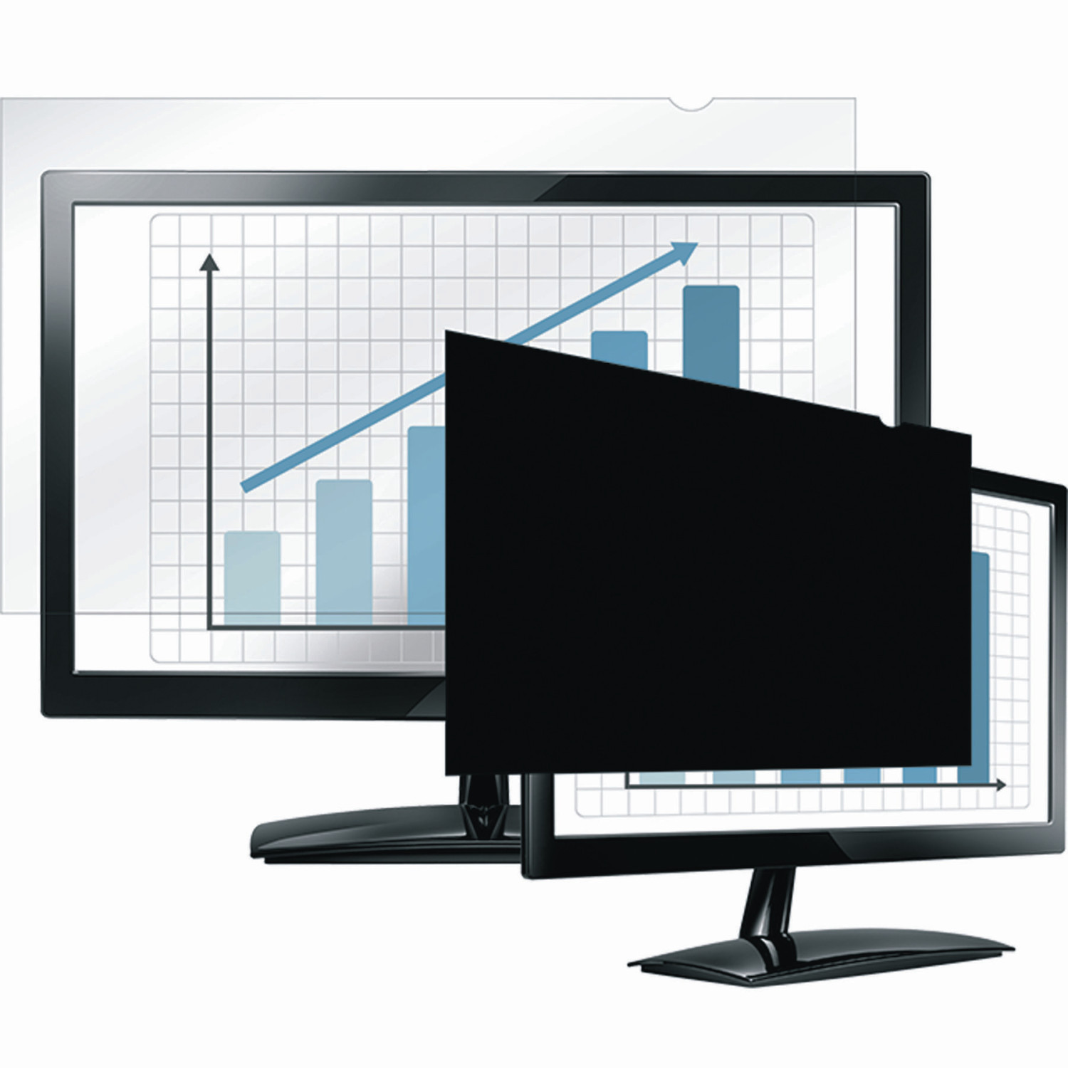 Due monitor per computer con protezione schermo. Uno mostra un grafico, l'altro è nero.