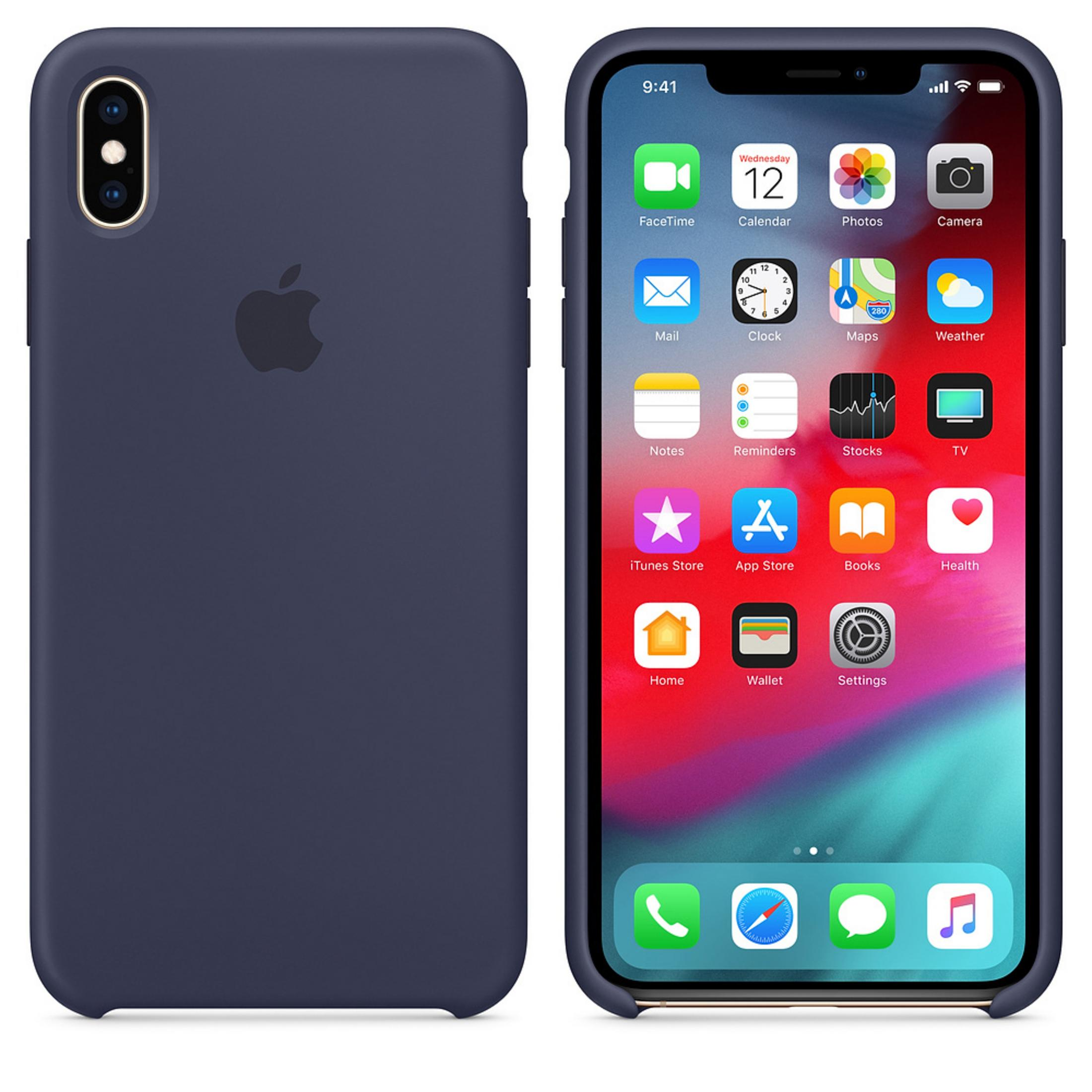 iPhone X bleu marine avec étui, affichant l'écran avec des applications.