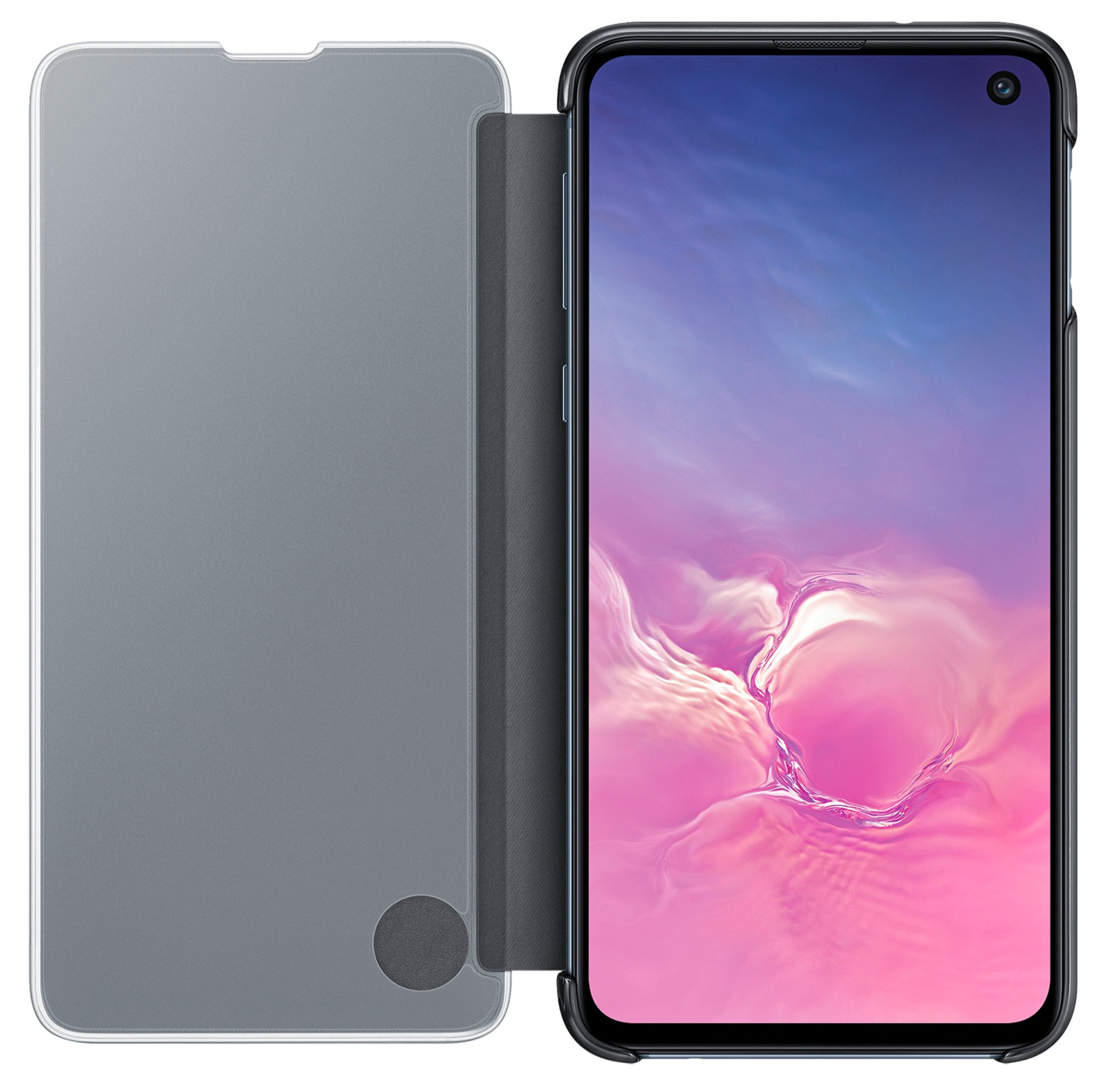 Smartfon z ekranem pokazującym kolorowe niebo, z otwartą szarą obudową.