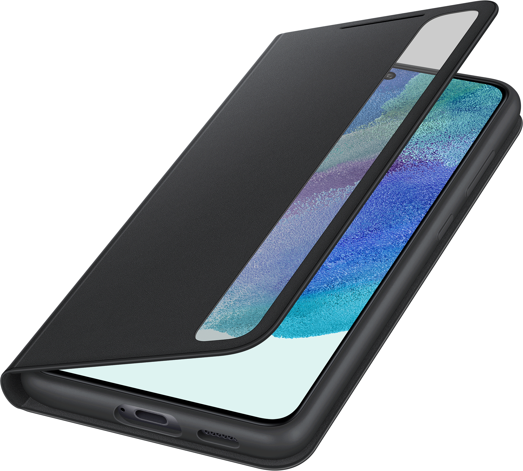Eine schwarze Smartphone-Hülle mit geöffnetem Deckel, die den Bildschirm des Telefons zeigt. Die Hülle ist schwarz.
