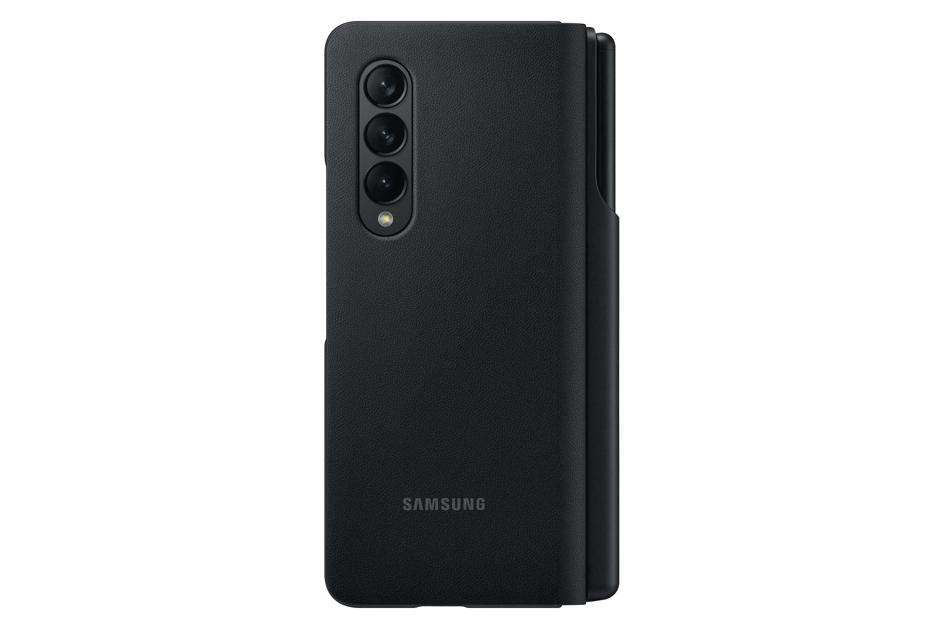 Schwarze Samsung Galaxy Z Fold 3 Hülle mit Stifthalter. Telefon ist zusammengeklappt.