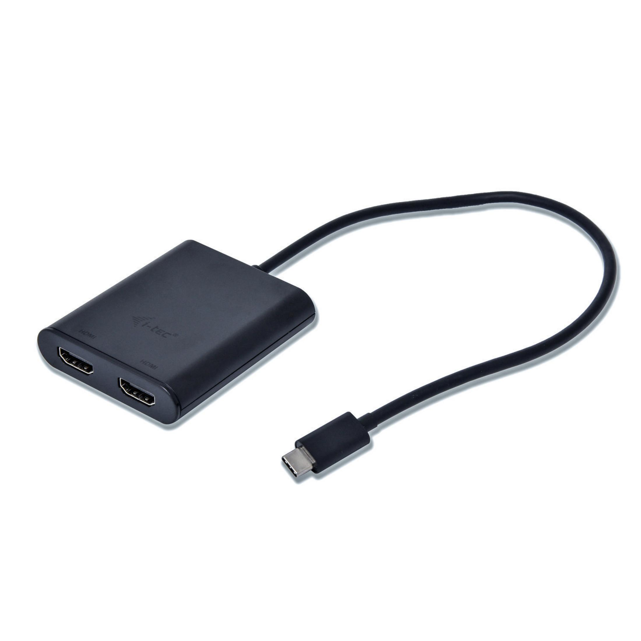 Adattatore nero con due porte HDMI, collegato a cavo USB-C.