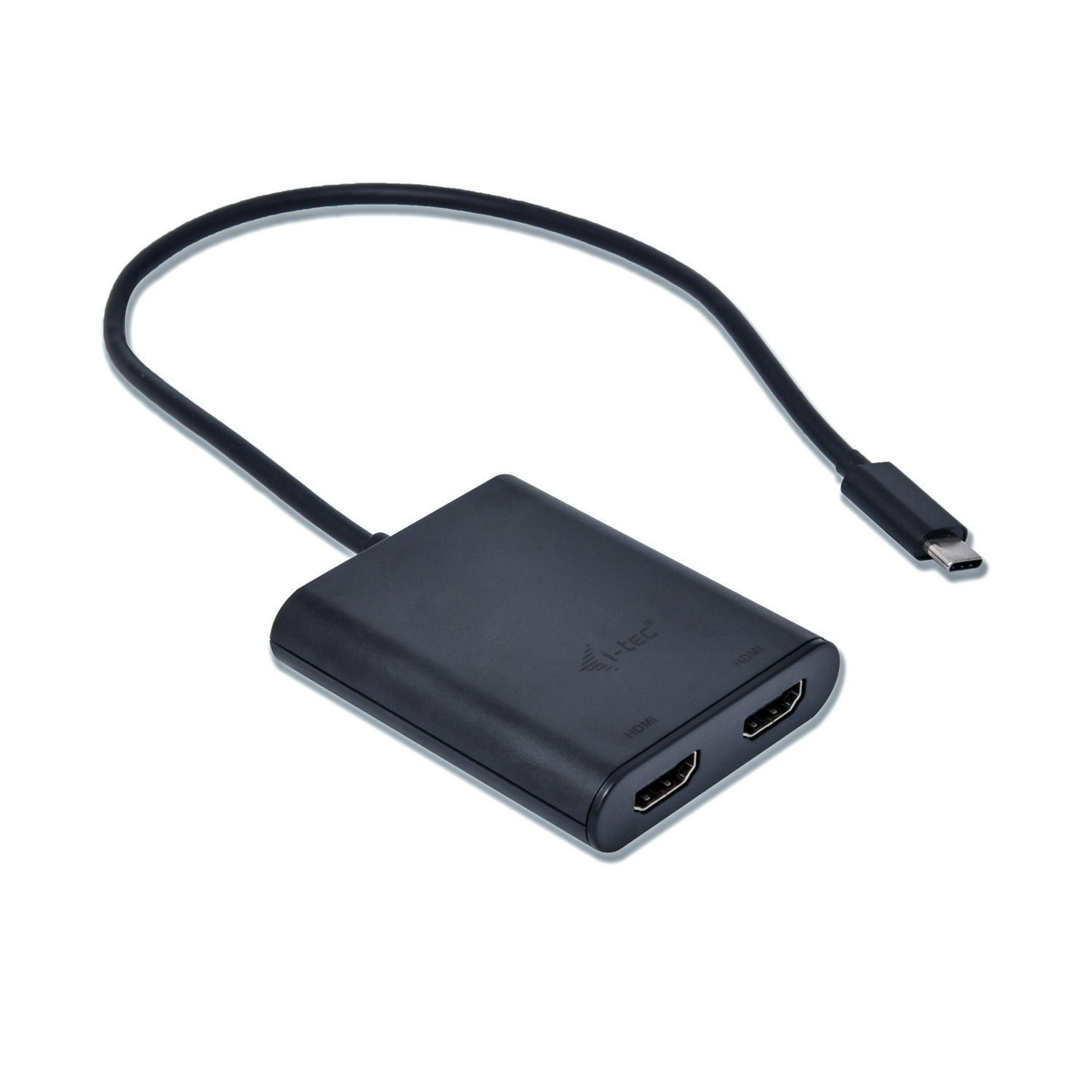 Un adattatore USB-C nero con due porte HDMI, cavo di collegamento su sfondo bianco.