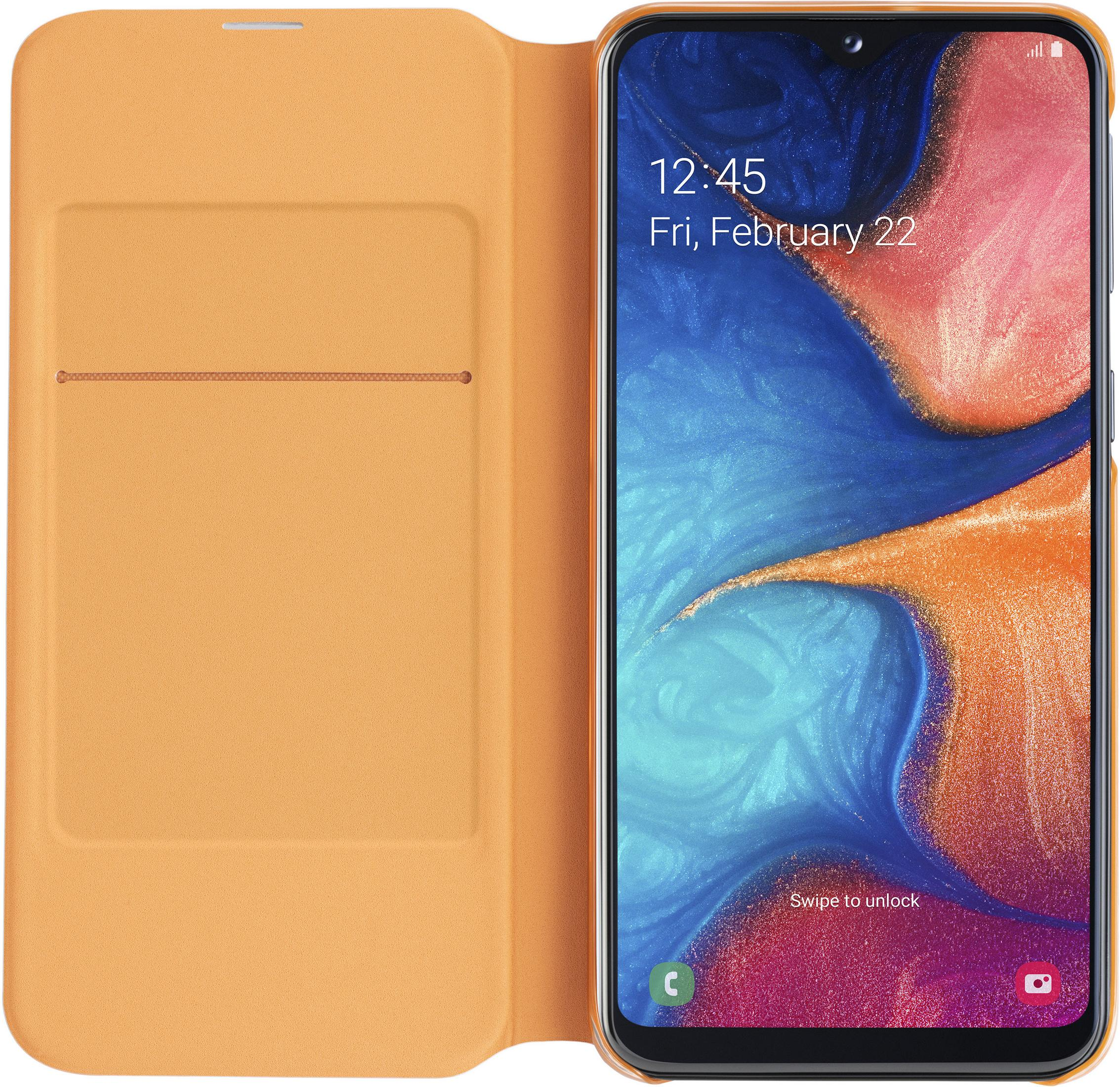 Offene orangefarbene Handyhülle mit Smartphone, das ein Display zeigt.