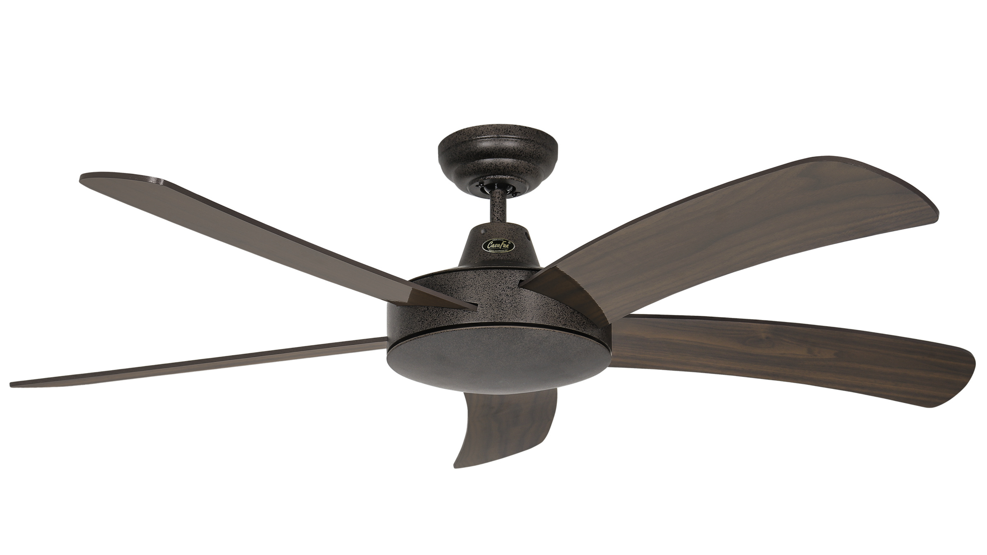 Ventilatore da soffitto marrone e bronzo con cinque pale.
