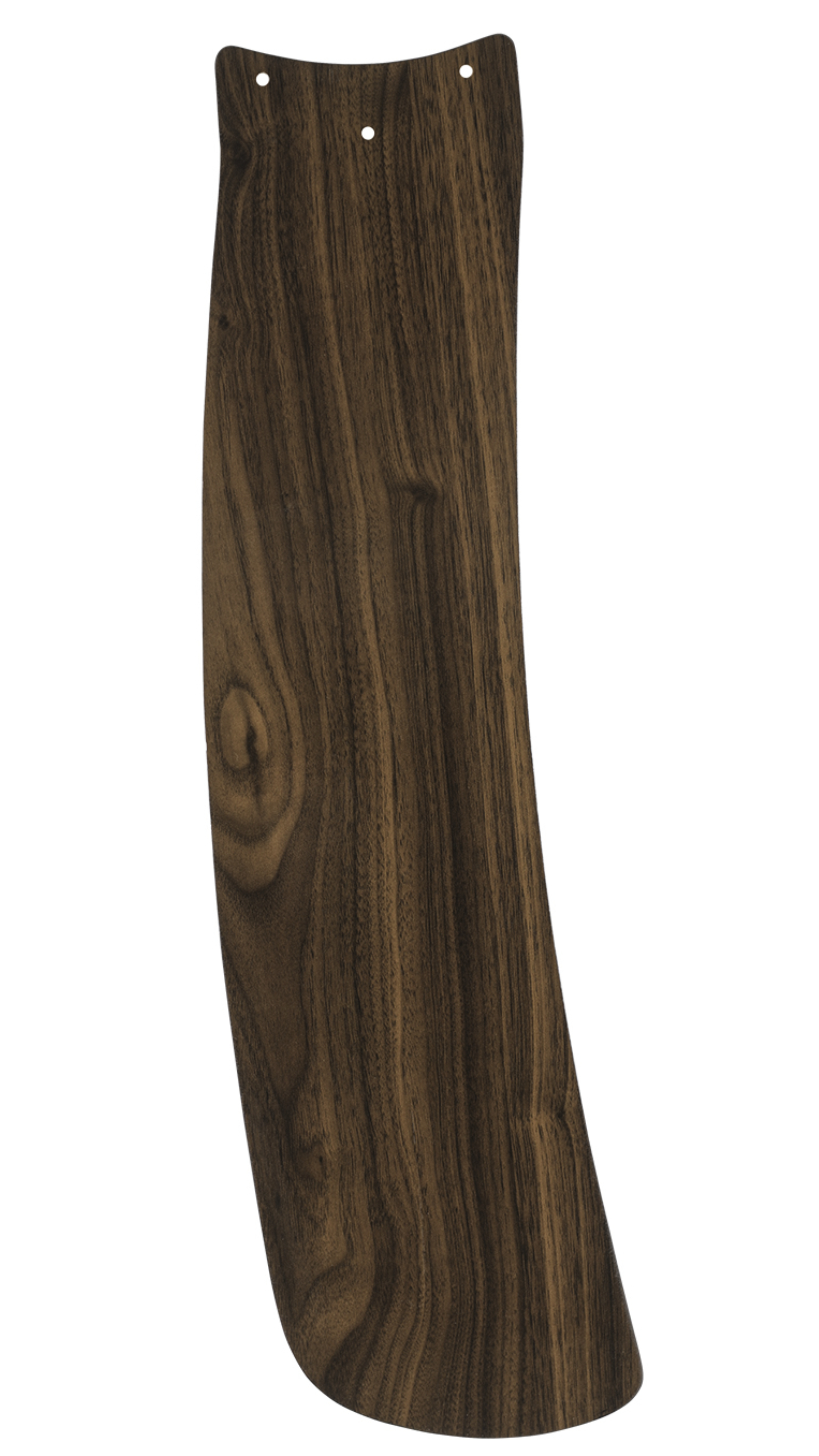 Una pala di ventola in legno curvata con un motivo a venature marroni, su sfondo bianco.