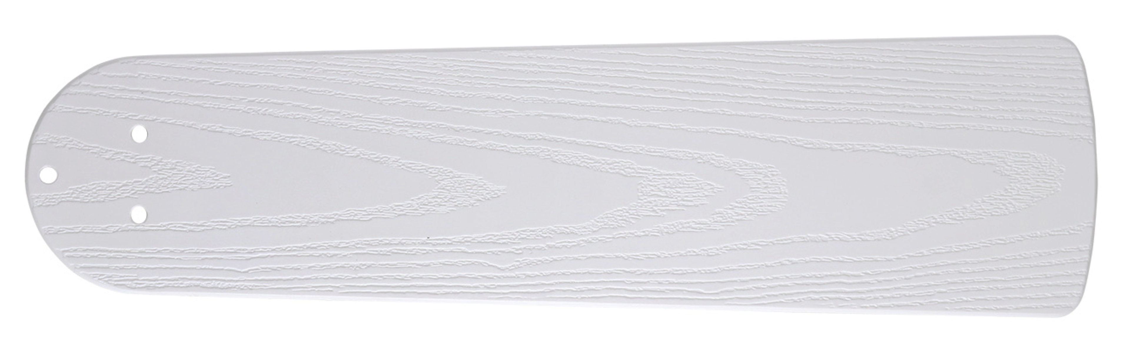 Pala del ventilatore da soffitto in legno. Bianco con venature del legno. Tre fori per viti. Sfondo bianco.