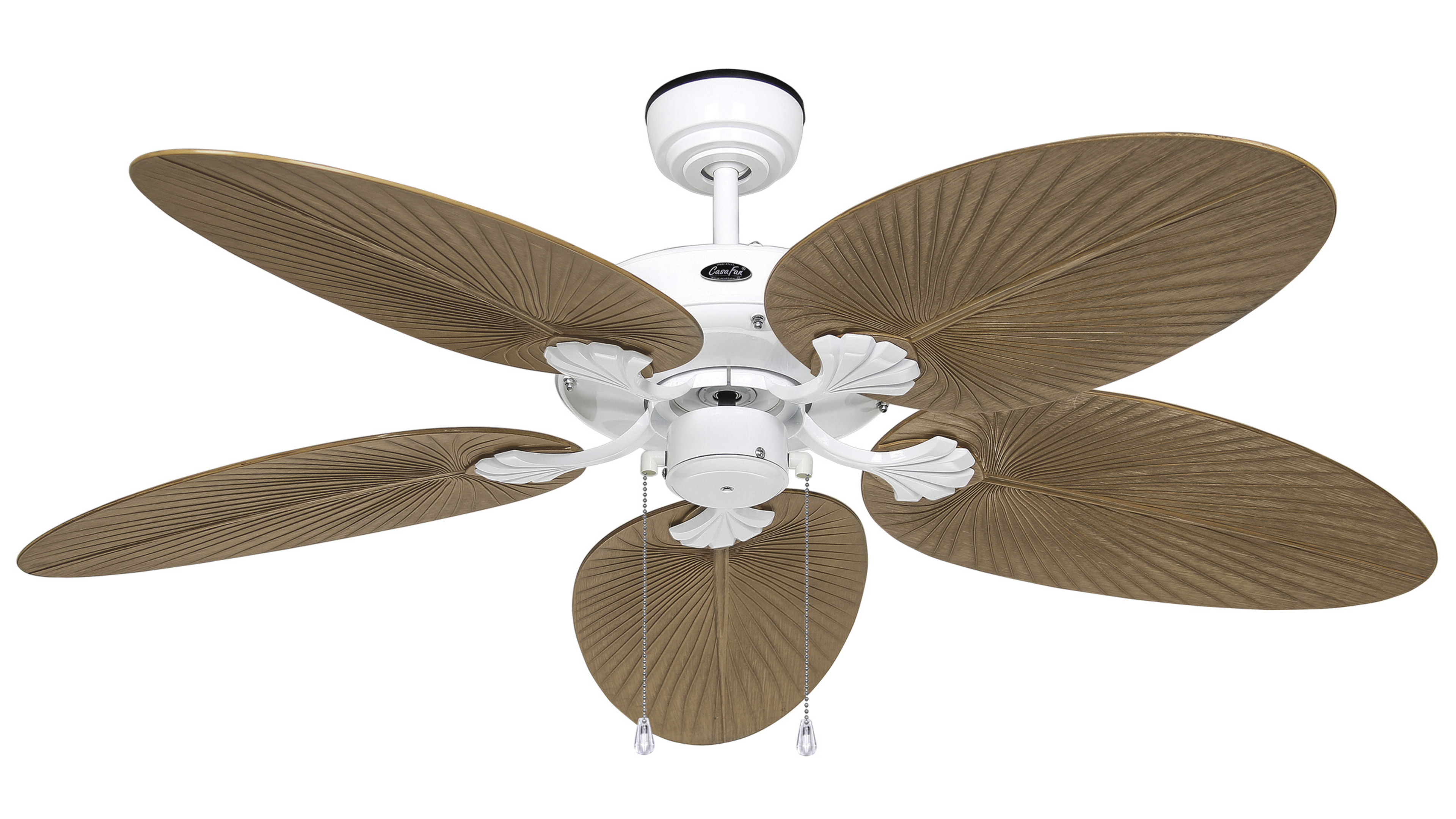 Ventilatore a soffitto con cinque pale a forma di foglia marrone. Dettagli bianchi.
