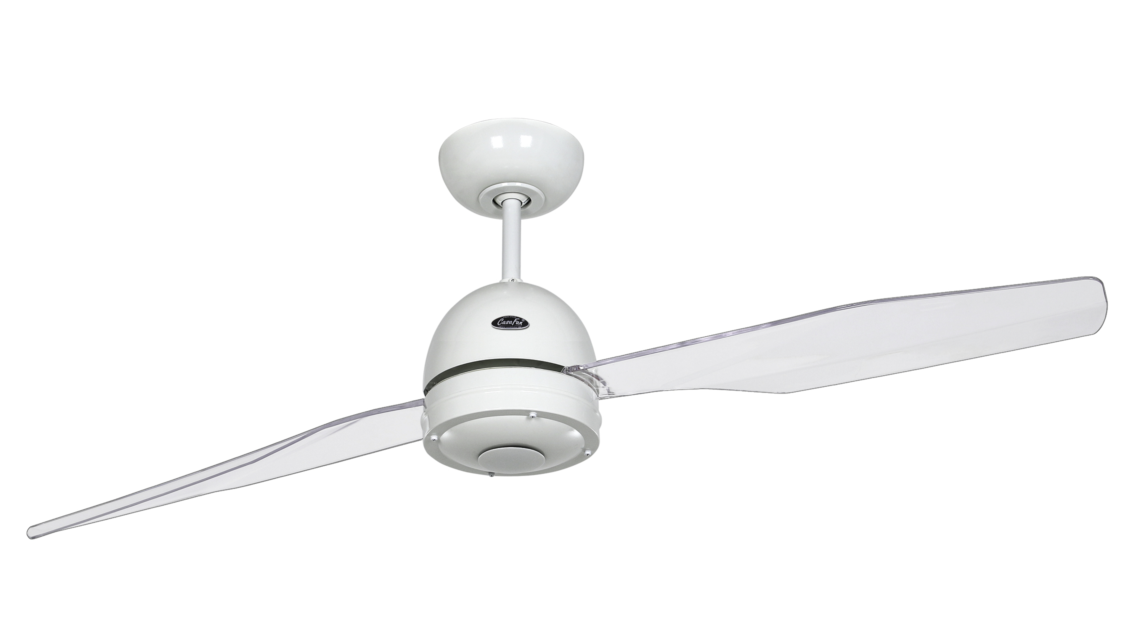 Weißer Deckenventilator mit zwei transparenten Flügeln. Zentriert auf weißem Hintergrund.