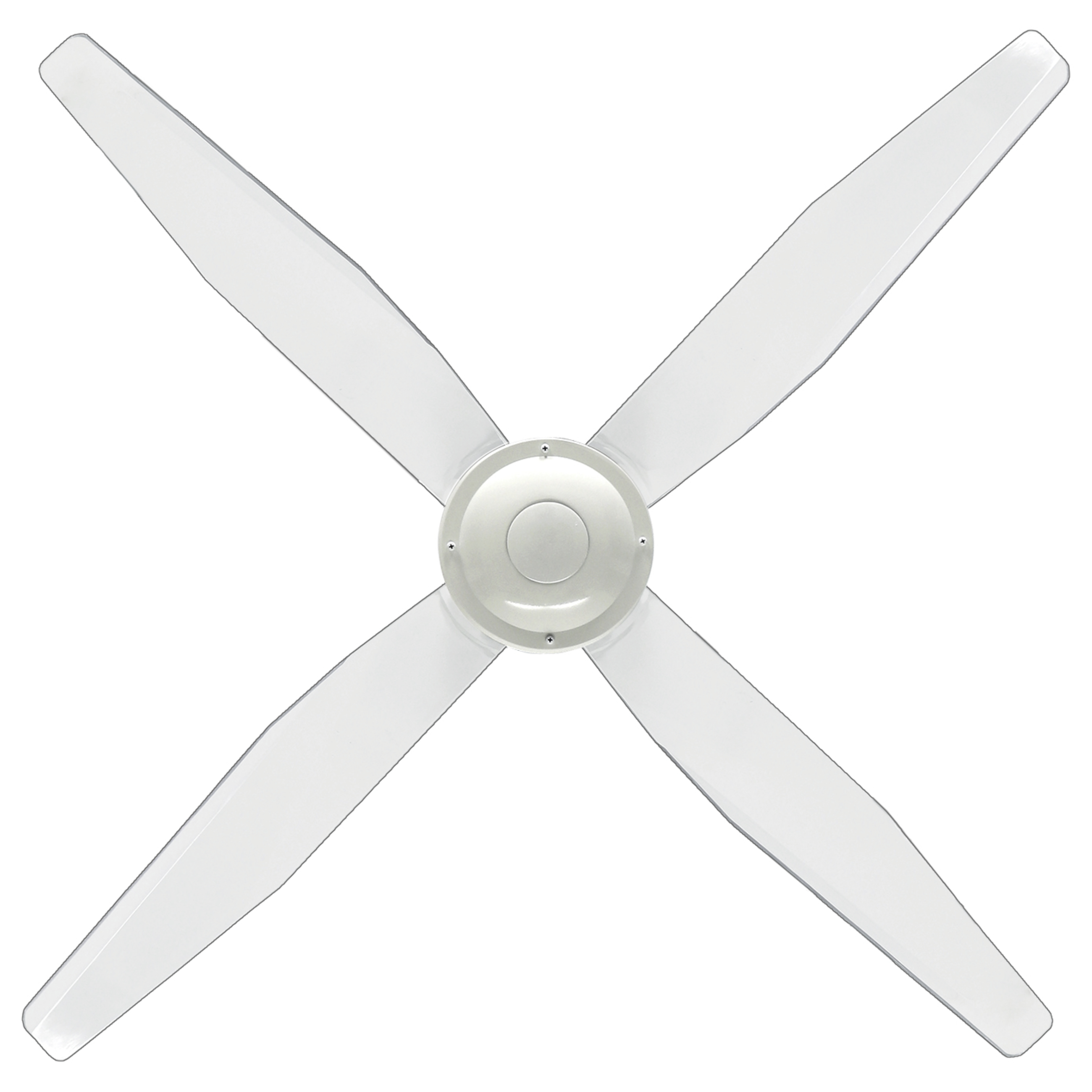 Eine Draufsicht auf einen Deckenventilator mit vier weißen Flügeln und einer weißen zentralen Nabe. Weißer Hintergrund.