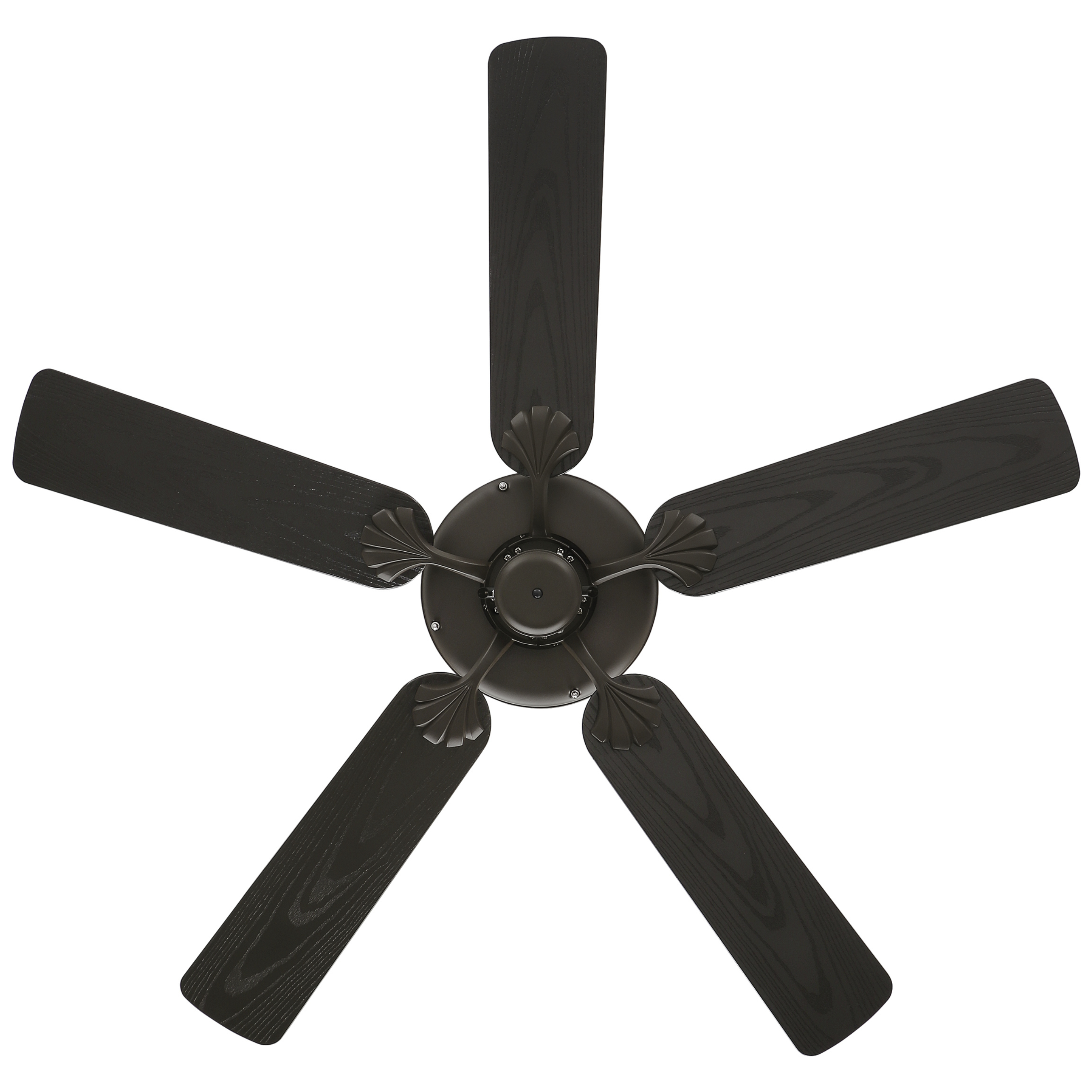 Deckenventilator mit fünf dunkelbraunen Holzflügeln und passendem Motorgehäuse.