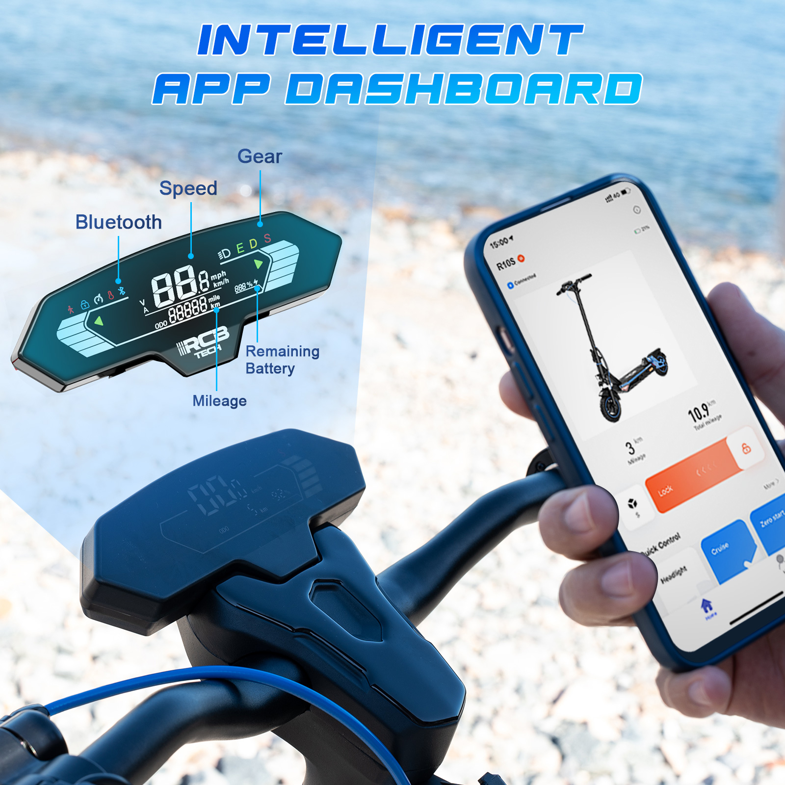 Armaturenbrett mit Geschwindigkeit, Akku und Telefon mit Roller-App.