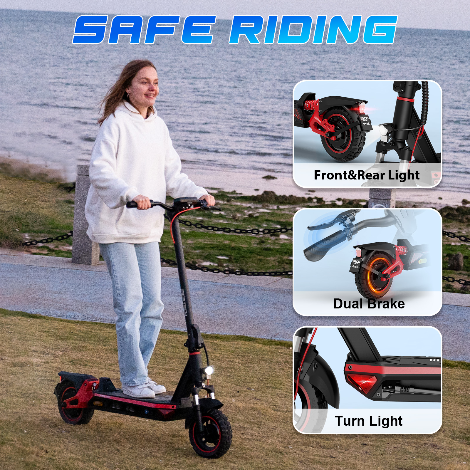 Eine Frau fährt einen rot-schwarzen Roller mit Text über sicheres Fahren.