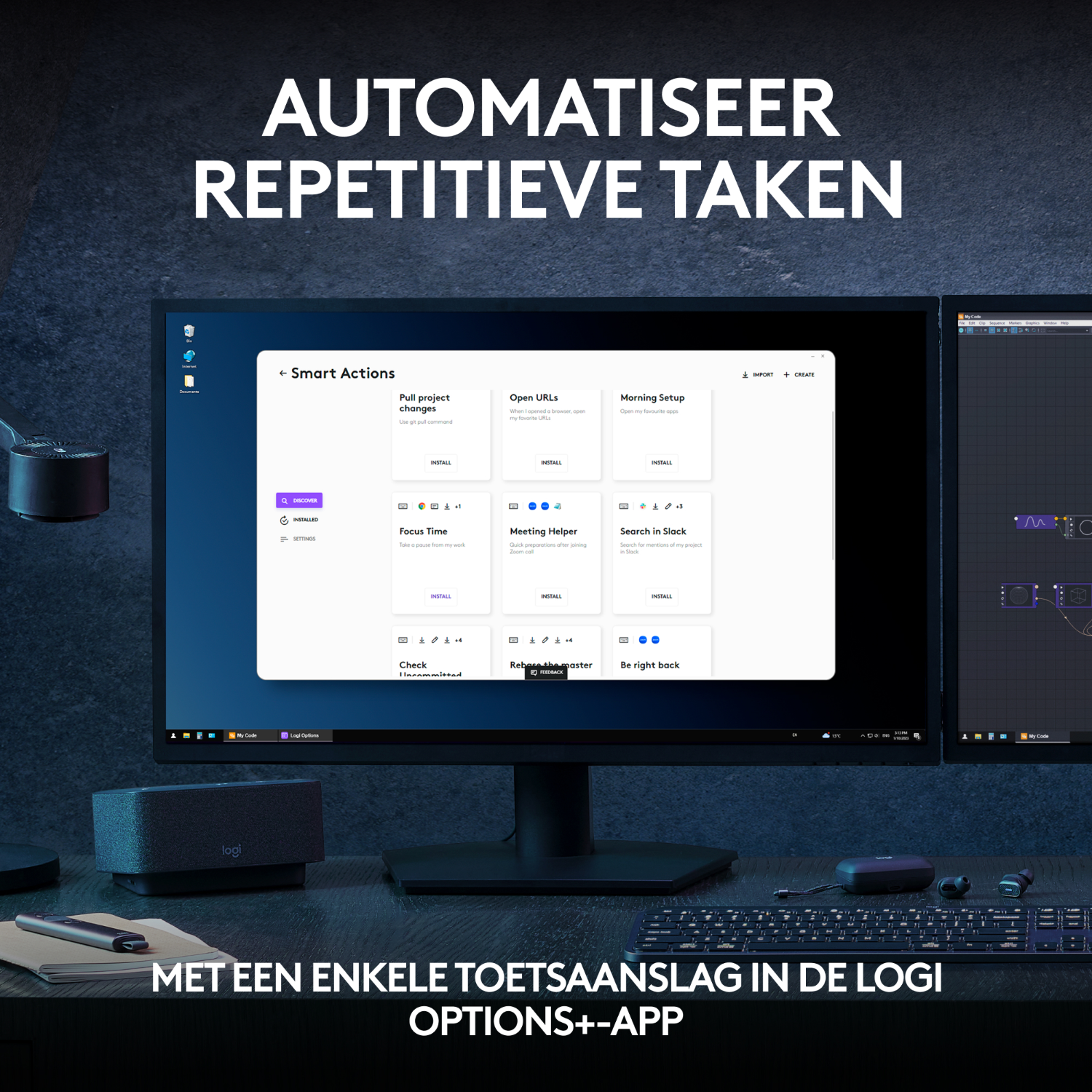 Konfiguracja komputera z dwoma monitorami wyświetlającymi interfejs oprogramowania.
