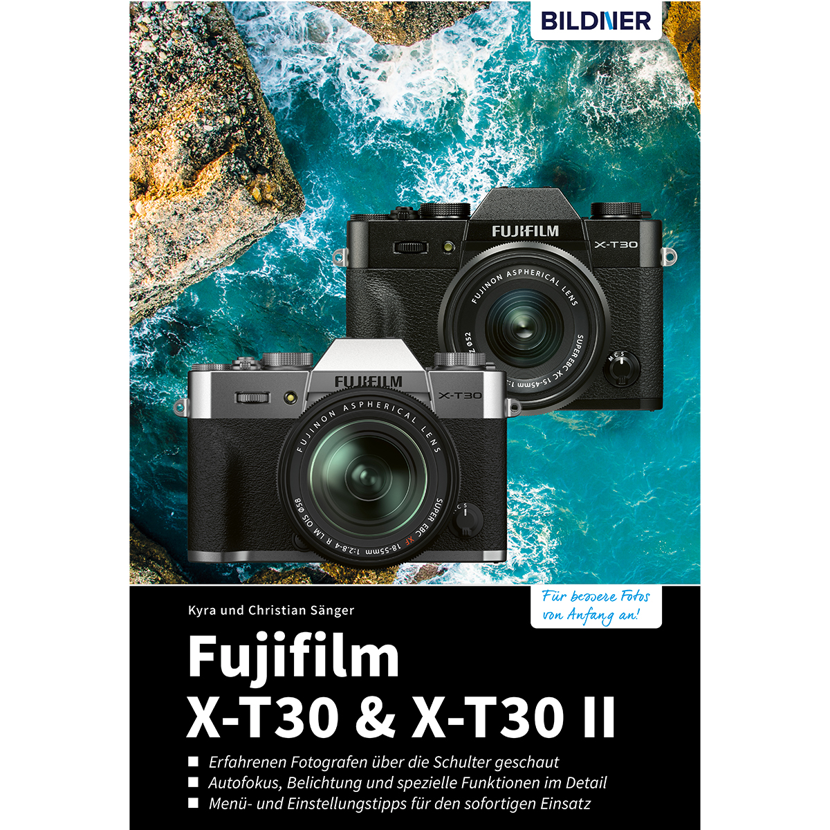 Buchcover mit zwei Fujifilm X-T30 Kameras und Text zum Produkt.
