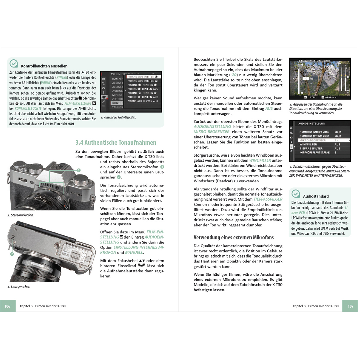 Doppelseite aus einem Buch. Text und Bilder einer Kamera mit Diagrammen und Erklärungen zu den Einstellungen.