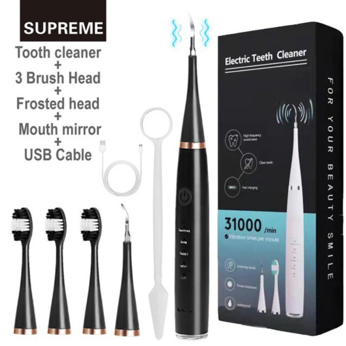 Elektryczny zestaw do czyszczenia zębów z akcesoriami i opakowaniem.
