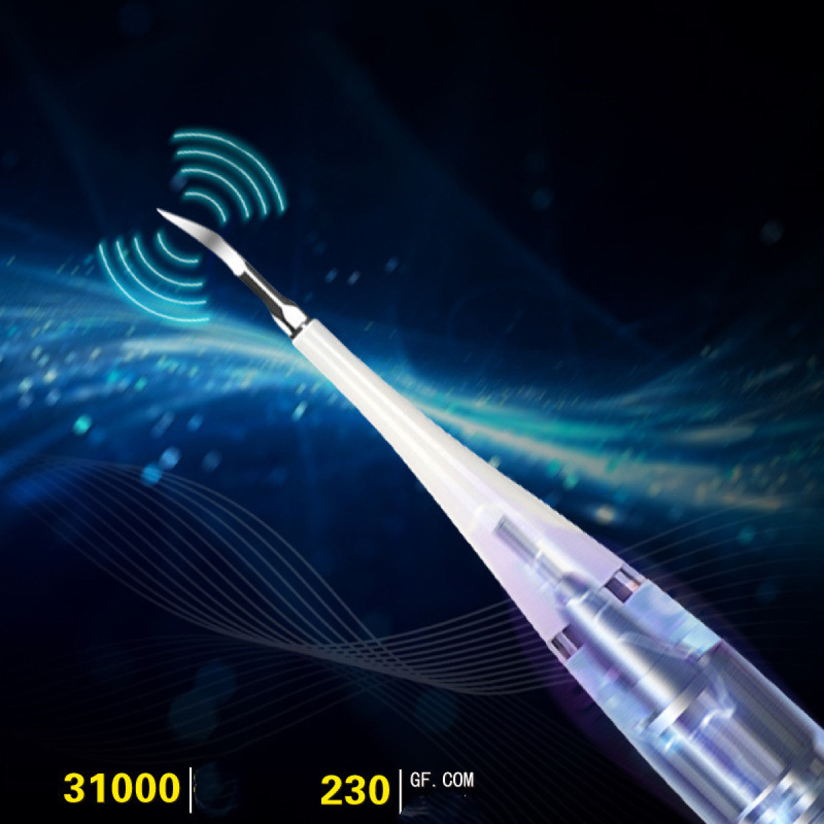 Skaler ultradźwiękowy do zębów z niebieskim wzorem fal i tekstem.