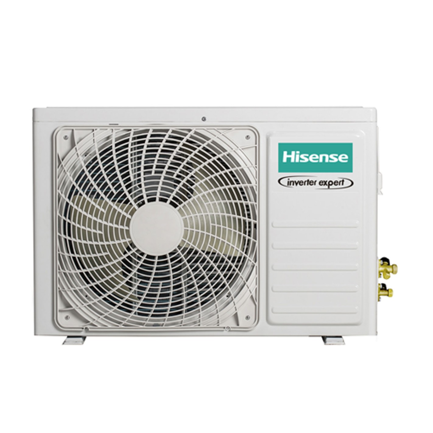 Unidad de aire acondicionado Hisense blanca con ventilador.
