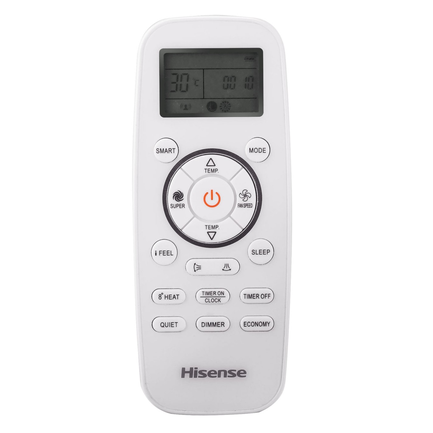 Mando a distancia Hisense blanco con botones y pantalla LCD. Texto y símbolos negros.