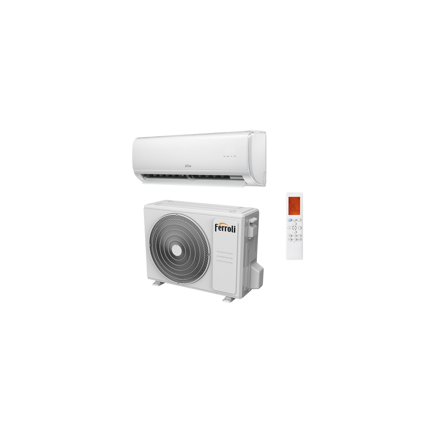 Aire acondicionado blanco, una unidad de pared y una unidad exterior con el logotipo de Ferroli y un mando a distancia.