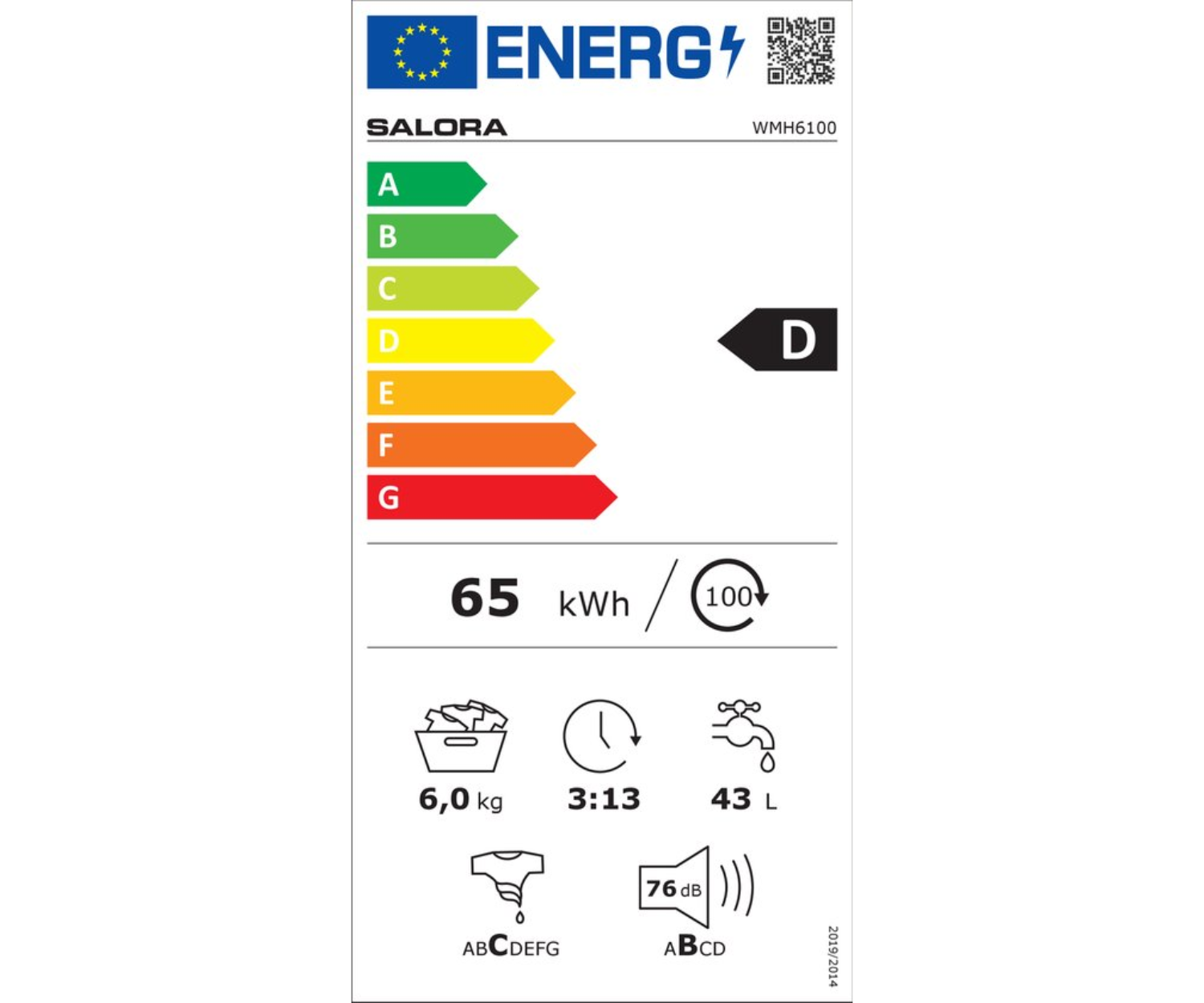Energy label of a washing machine showing energy efficiency, including details on use.