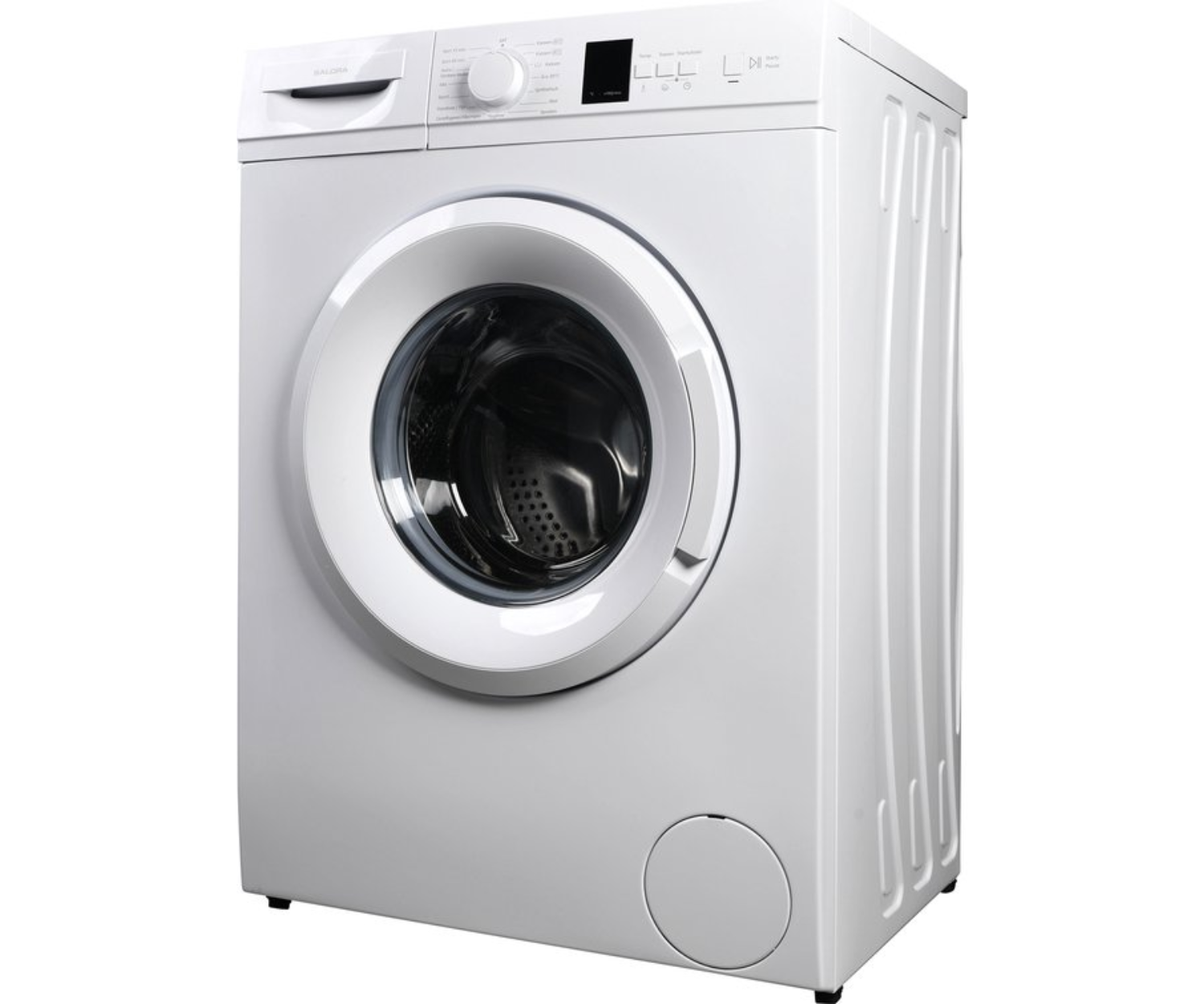 A white washing machine, angled view. The machine has a round door and control panel on top.