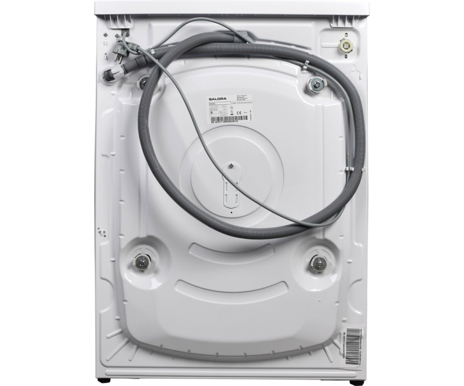 Back of a white washing machine with hoses and components.