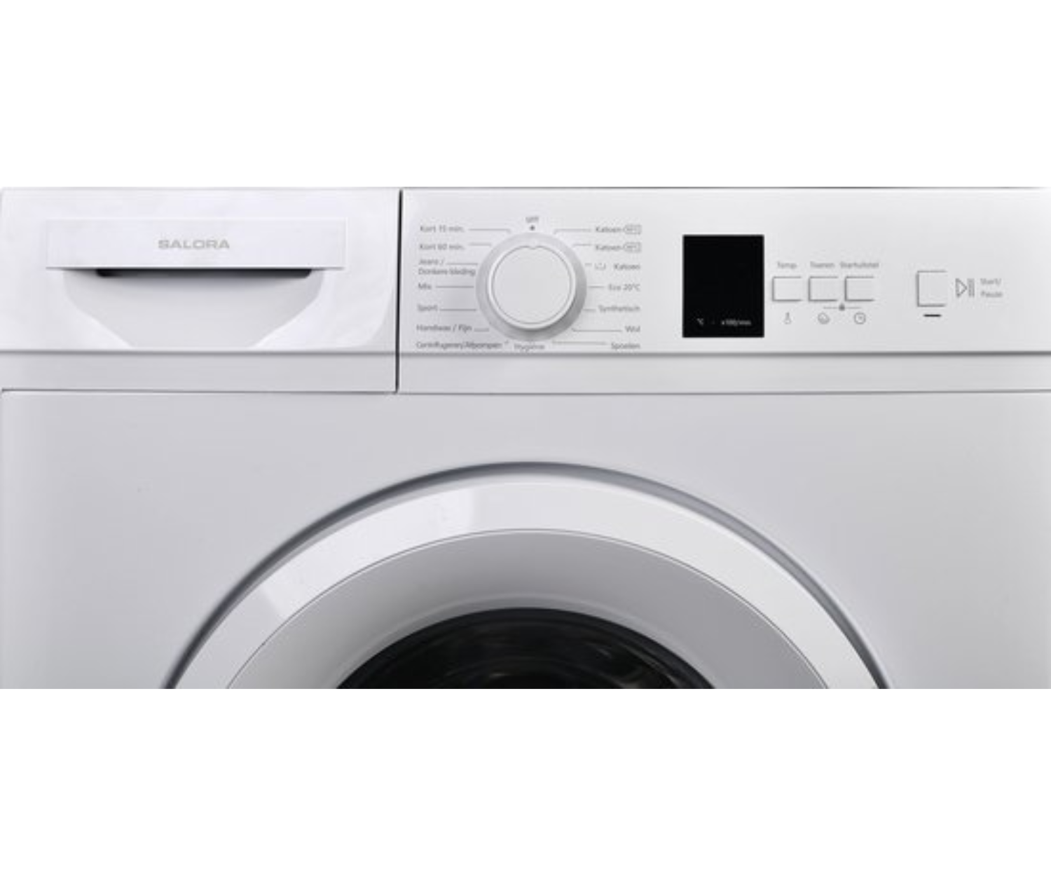White washing machine control panel with buttons and a dial, with text.