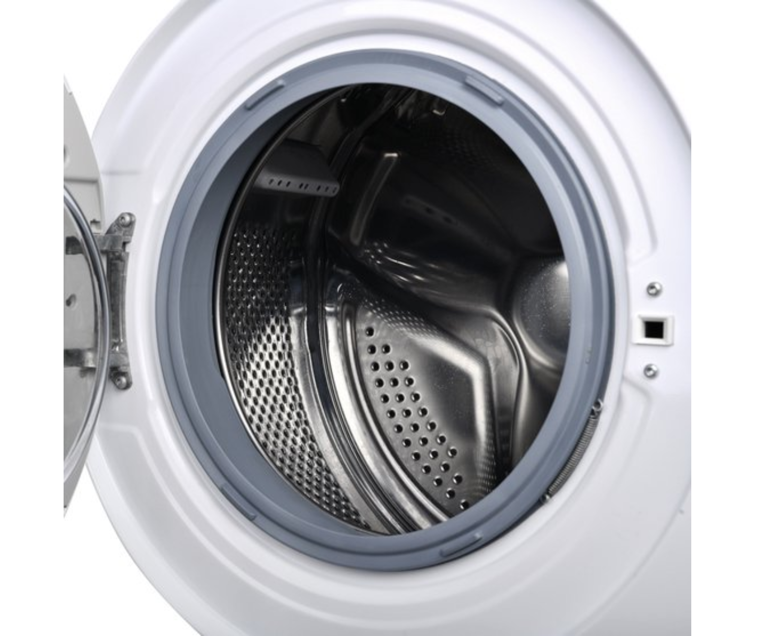 Washing machine interior. Steel drum with a grey rubber seal visible.