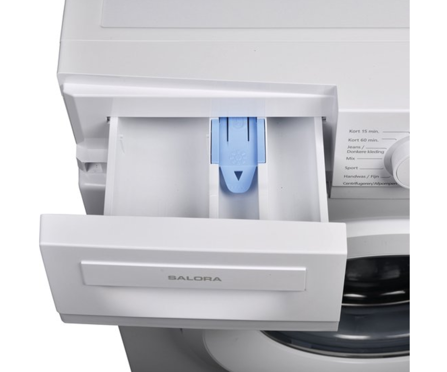 A white washing machine, with an open detergent drawer displaying compartments.