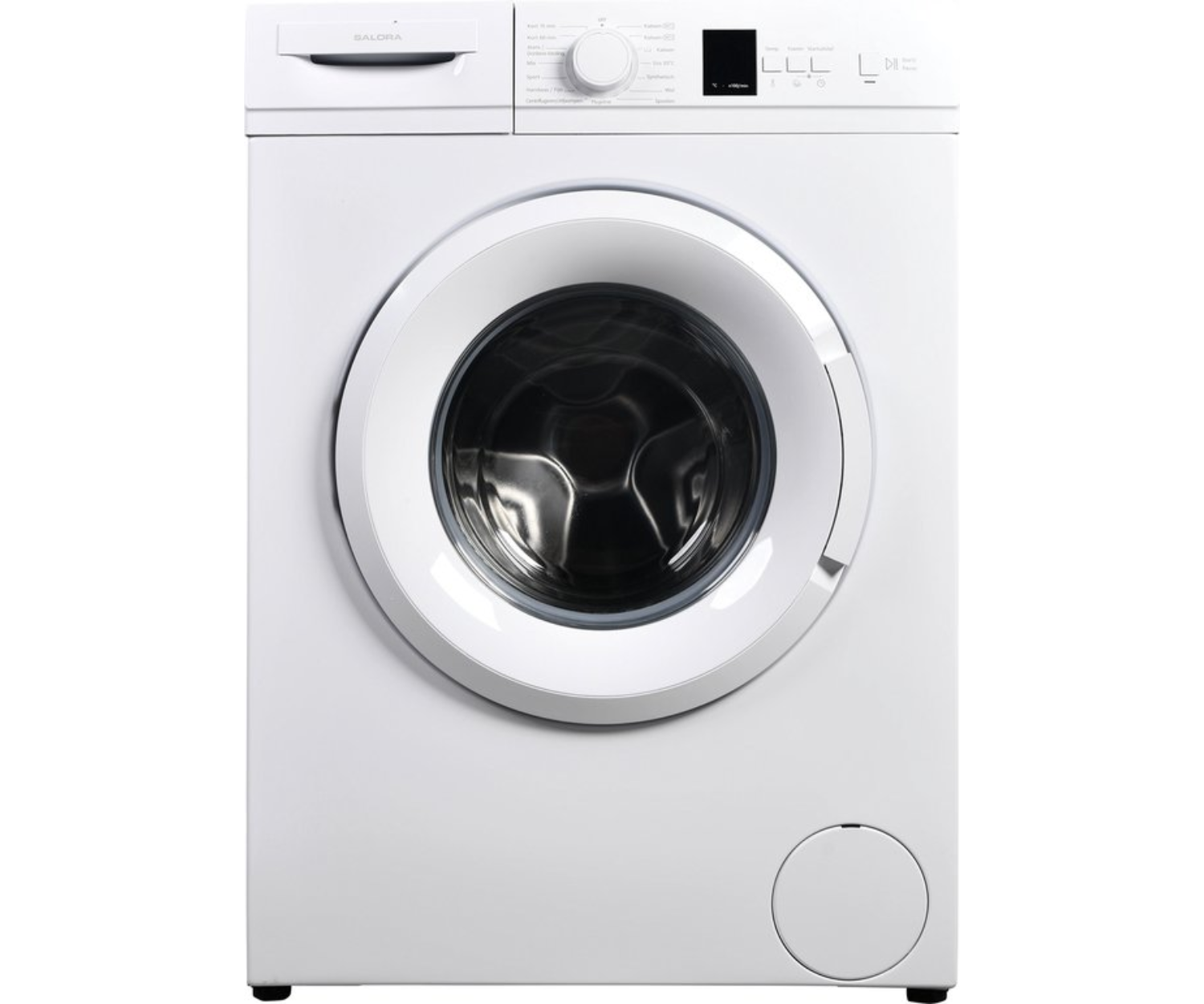 A white washing machine with a round door and control panel.
