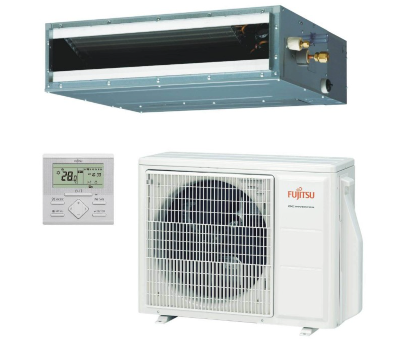 Un sistema de aire acondicionado Fujitsu blanco y gris.