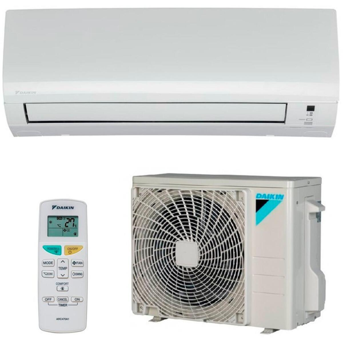 Aire acondicionado Daikin blanco con unidad exterior y mando a distancia. Fondo blanco.