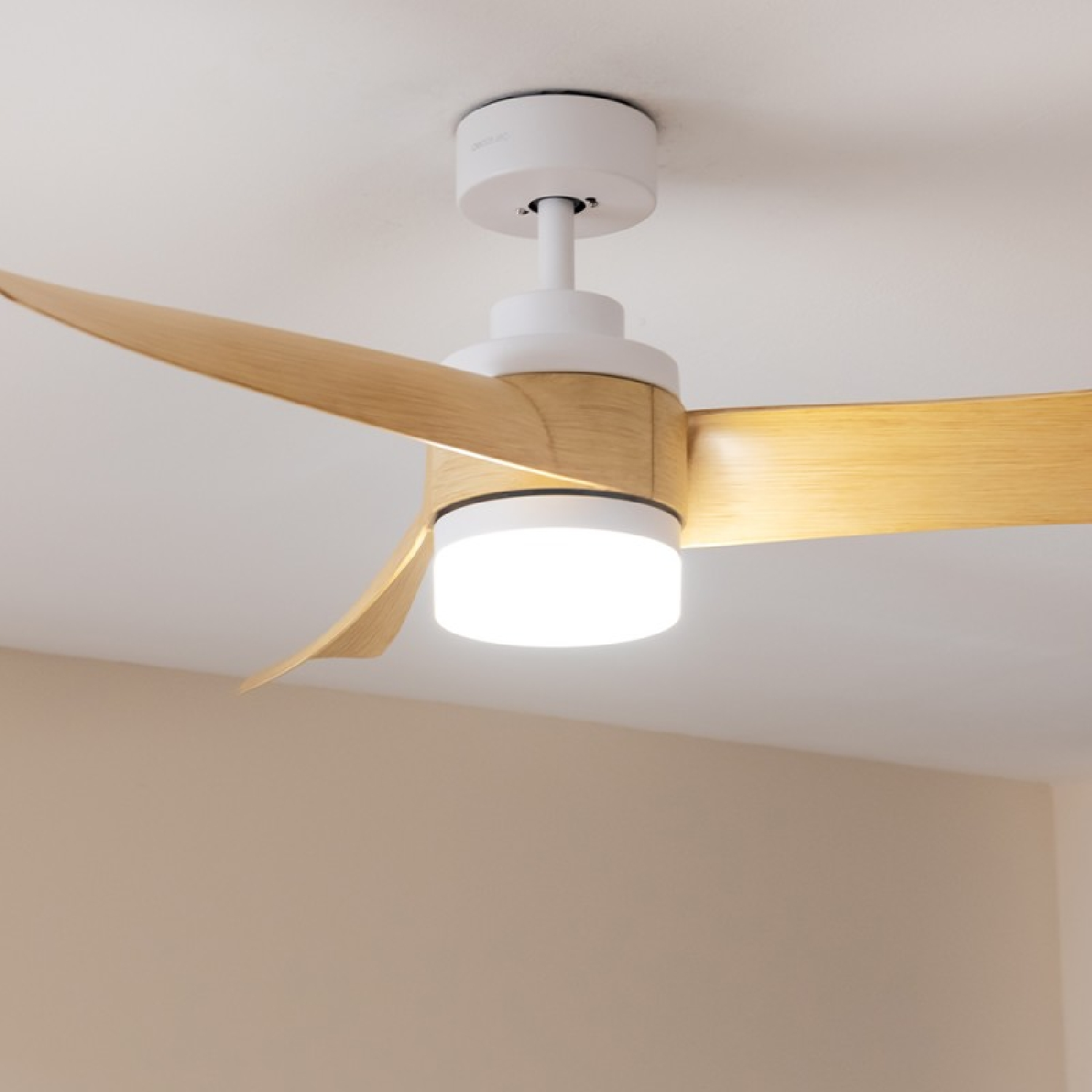 Deckenventilator mit Holzflügeln und weißem Licht.