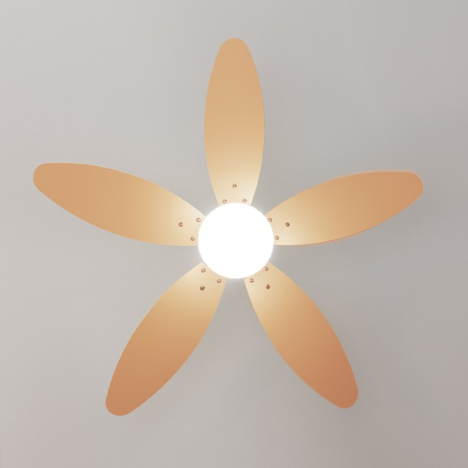 Deckenventilator mit fünf pfirsichfarbenen Flügeln und zentraler Leuchte.